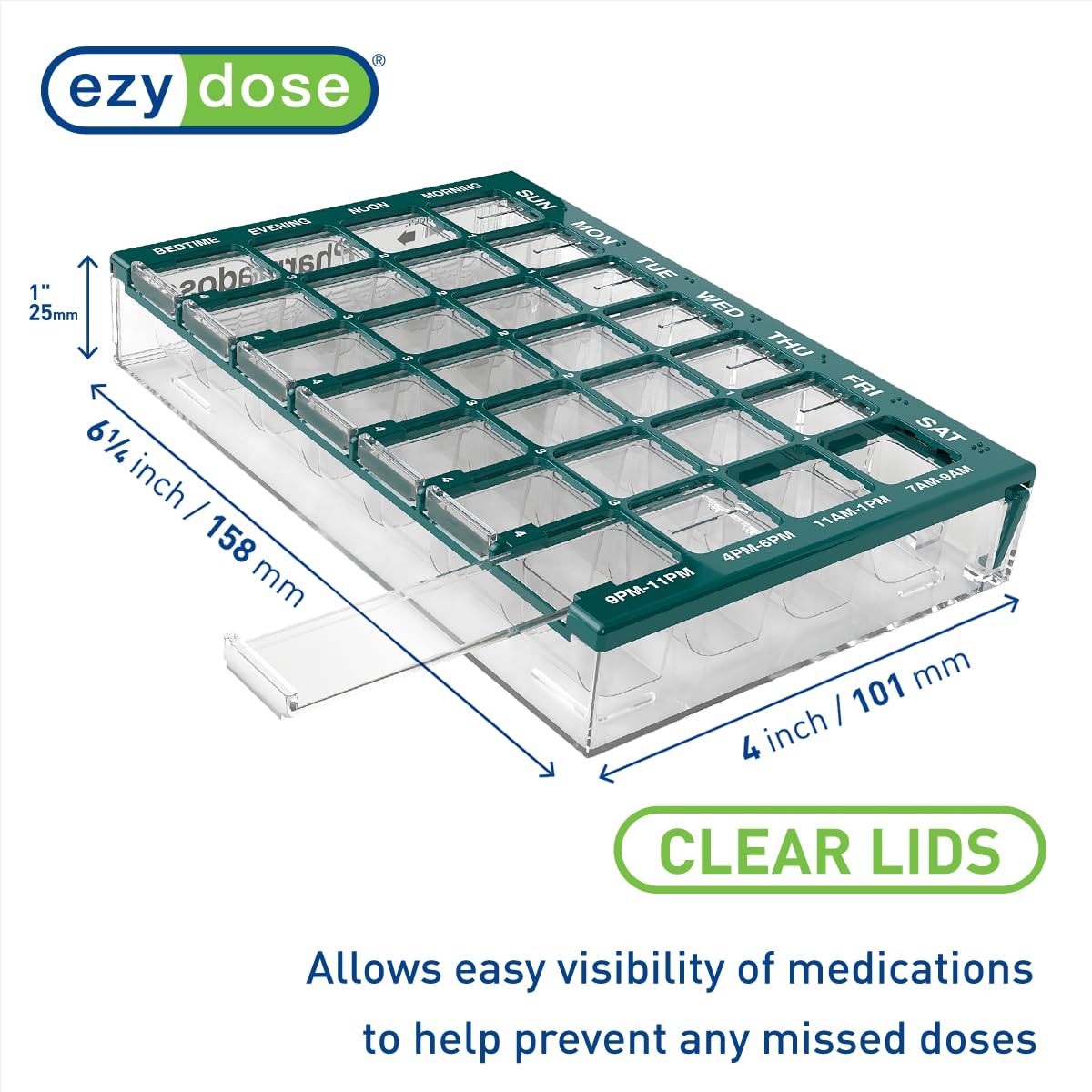 EZY DOSE Weekly AM/PM (7-Day) Daily Pharmadose Pill Planner, Medicine Case, Vitamin and Supplement Organizer, Small Easy Fill Compartments, 4 Times a Day, 28 Compartments, Green, BPA Free