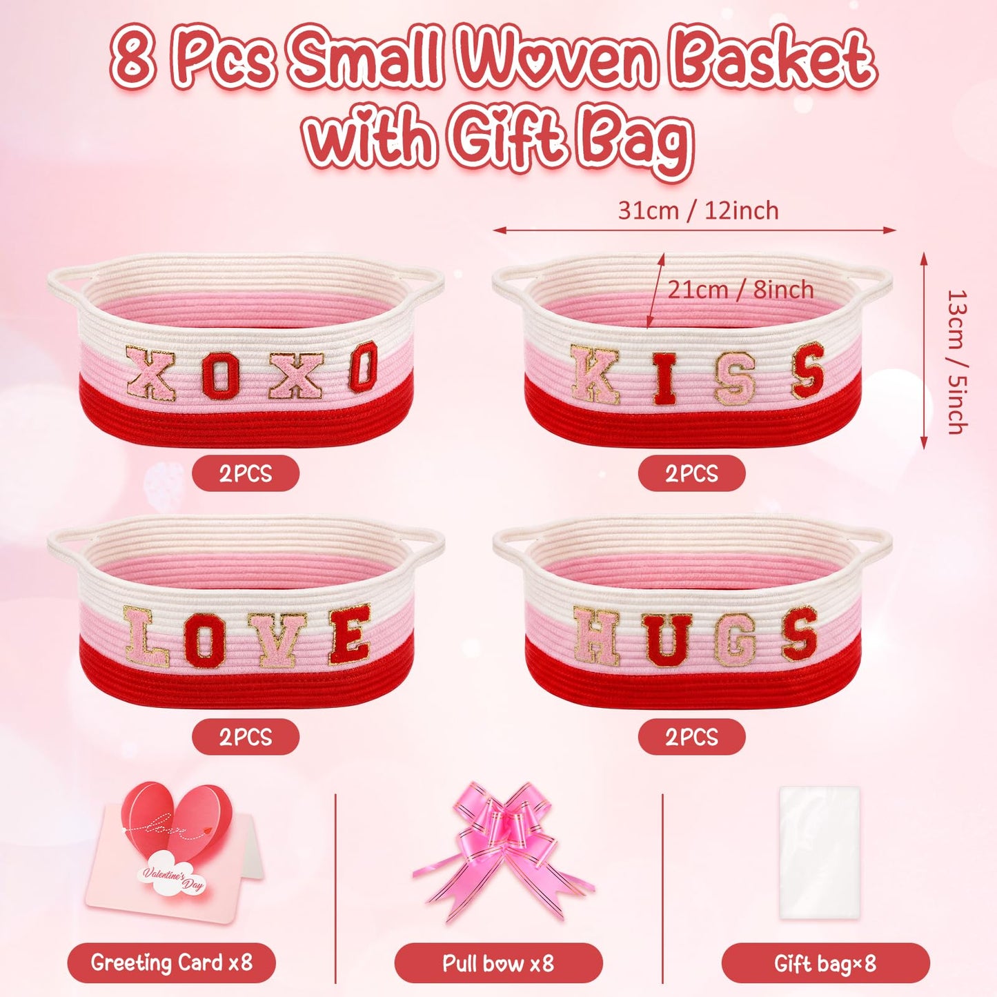 8 Set Valentines Day Gift Basket Woven Empty Basket with Cellophane Bags Pull Bow Greeting Card & Letter Stickers Empty Decorative Gifts Chest Box with Handles for Party Favors Baby Shower (Small)