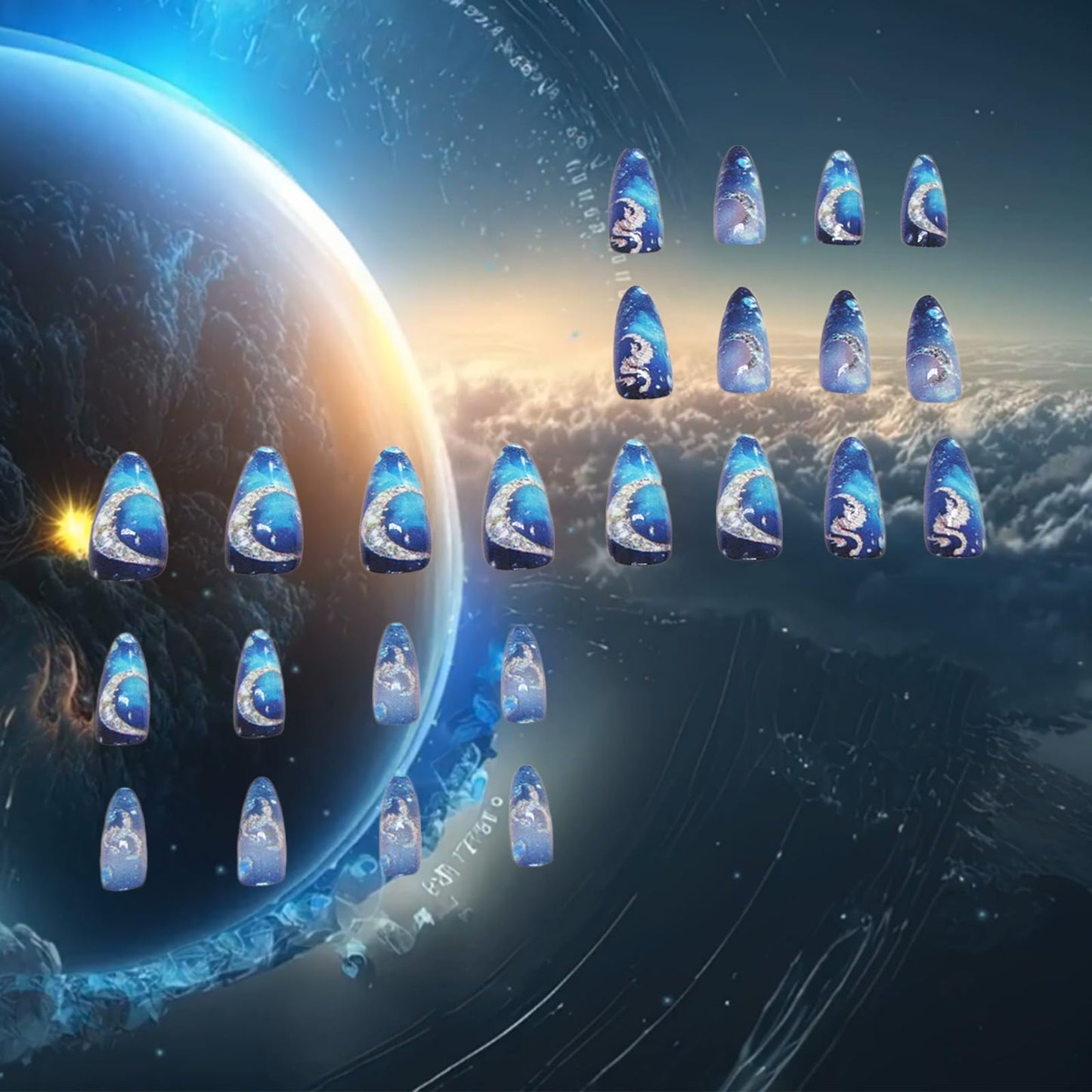 24Pcs Moon Press ons Fingernails Starry Sky Gel Glue on Acrylic Fake Nails Milky Way Press on Nails Glossy Blue Gradient Medium Almond False Nail Sea Horse Stick on Nail for Holiday Manicure Art