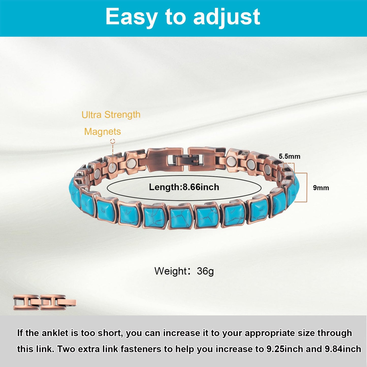 EnerMagiX Copper Anklet for Women, Pure Copper & Turquoise Magnetic Bracelet, Modern Style (0037)