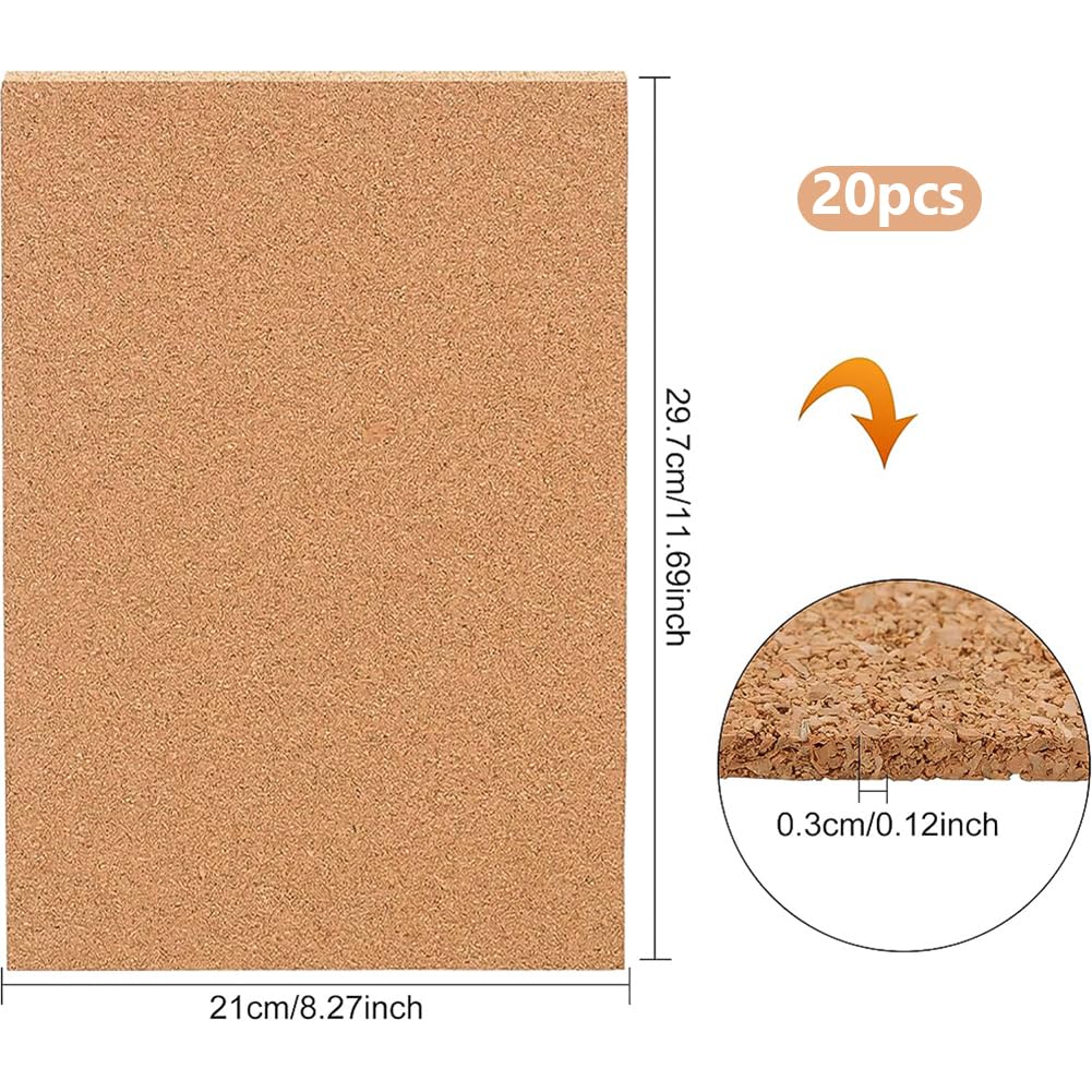 BENECREAT 20 PCS A4 Cork Sheets, 11.7x8.2 Inch Rectangle Cork Board Tiles for Coasters, Wall Art, Bulletin Boards(3mm Thick)