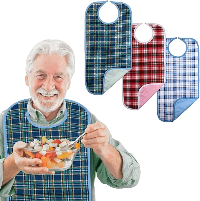 Adult Bibs, 3-Pack Washable Waterproof Clothing Protector for Men, Women, Elderly Seniors - Reusable Large Feeding Bibs