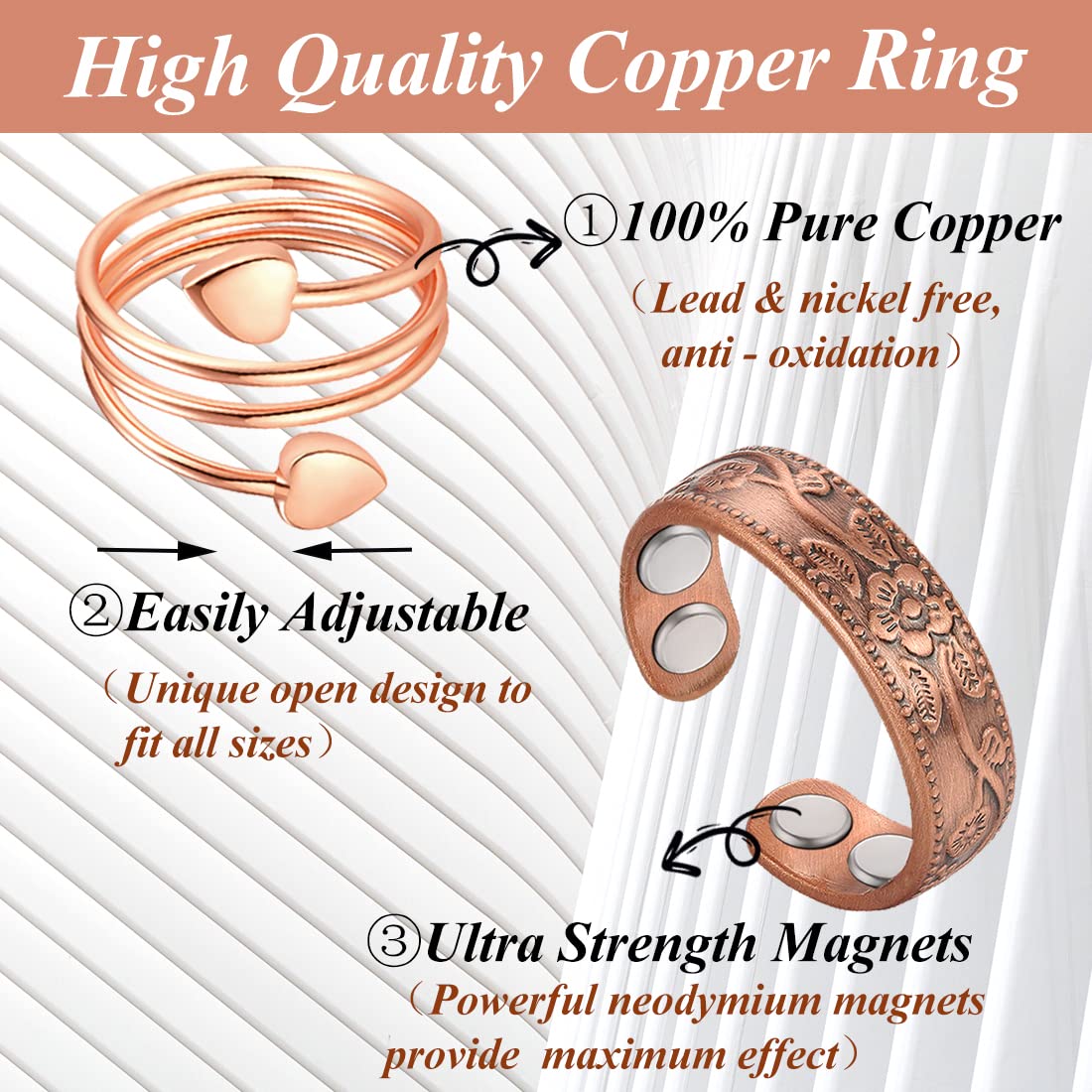 Cigmag 4PCS Copper Rings for Women, Magnetic Rings Strong Magnets Pure Copper, Adjustable