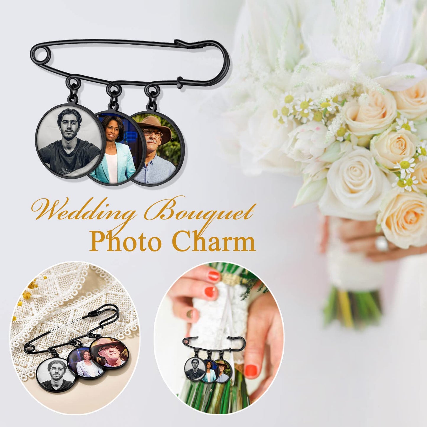 Custom4U Photo Charm for Bouquet Round Shaped Brooch Pins with 3 Pictures Customized Memorial Wedding Jewelry