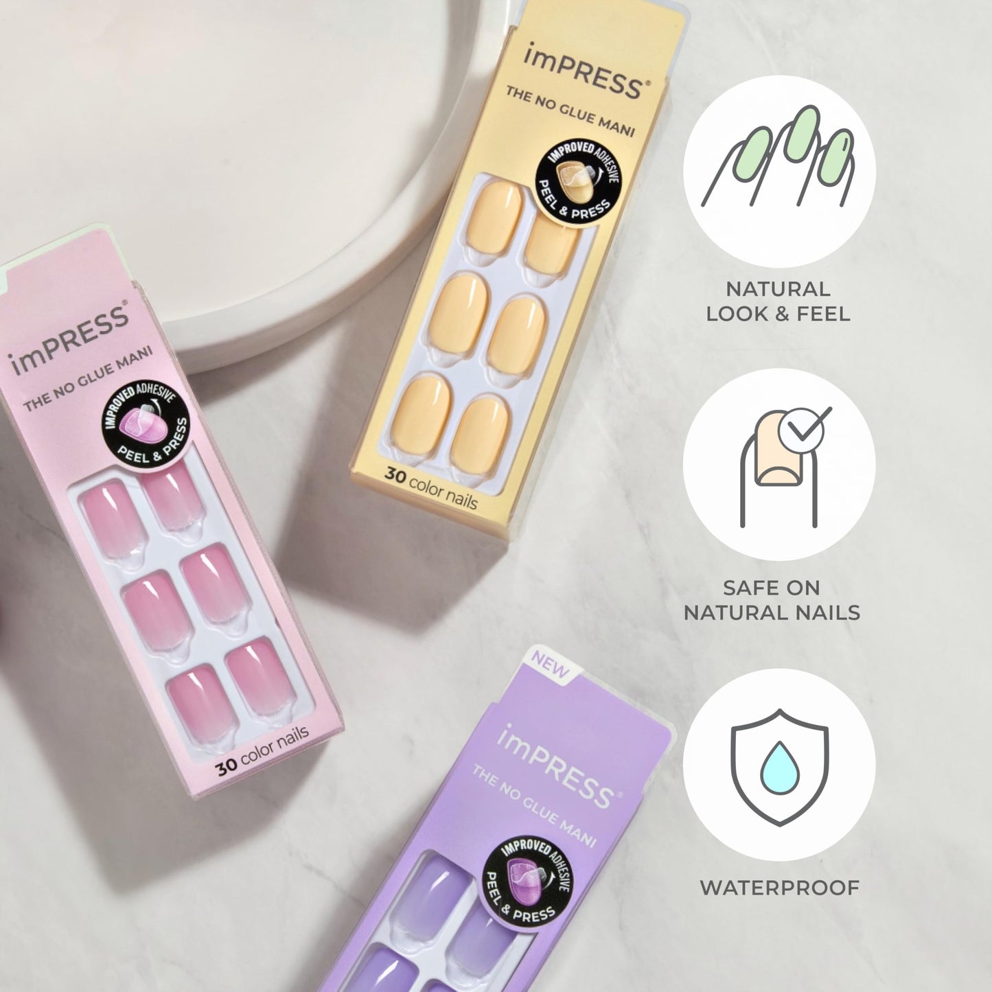 Kiss Impress Color Press-On Nails Polish-Free Manicure Set, ‘Frosting’, 30 Chip-Proof, Smudge-Proof Fake Nails