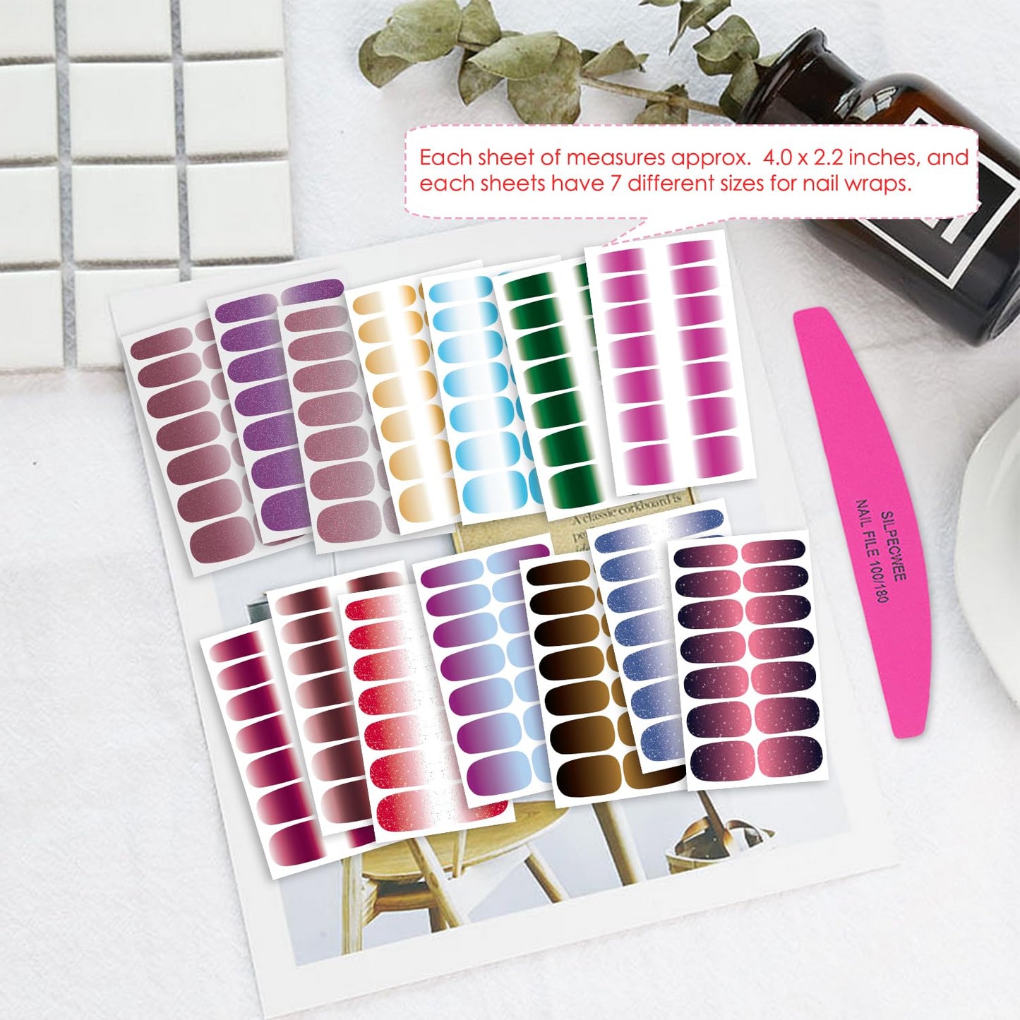 SILPECWEE 20 Sheets Glitter Nail Polish Stickers Full Nail Wraps for Women Gradient Color Adhesive Stick on Nail Polish Strips Gel Nail Strips Fingernail Manicure Design with Nail File