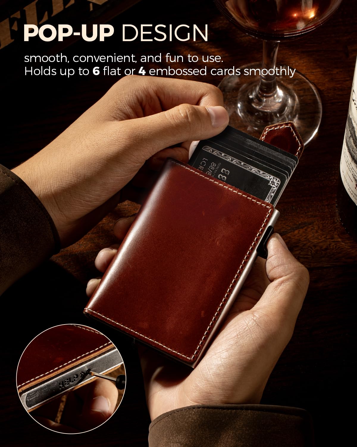 LORZOR Slim Wallet for Men with Security Latch, Pop Up Metal Card Holder Wallet, Finest Full Grain Leather Bifold Wallets, Smart, Minimalist, RFID Blocking, Front Pocket, ID Window