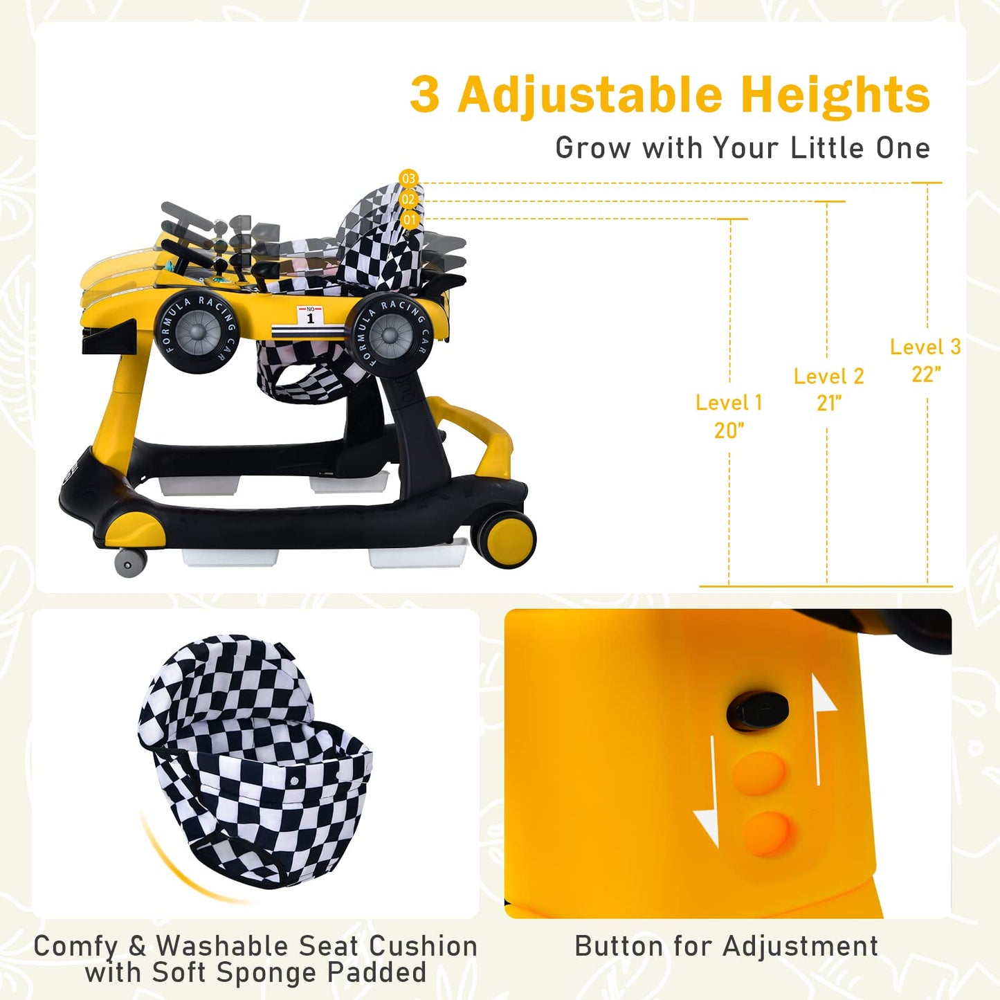 GLACER Foldable Baby Walker, 4-in-1 Infant Walker with Adjustable Height & Speed, Music, Light, Steering Wheel & Washable Cushion, Baby Walker Activity Center for Boys Girls 6 –18 Months (Yellow)