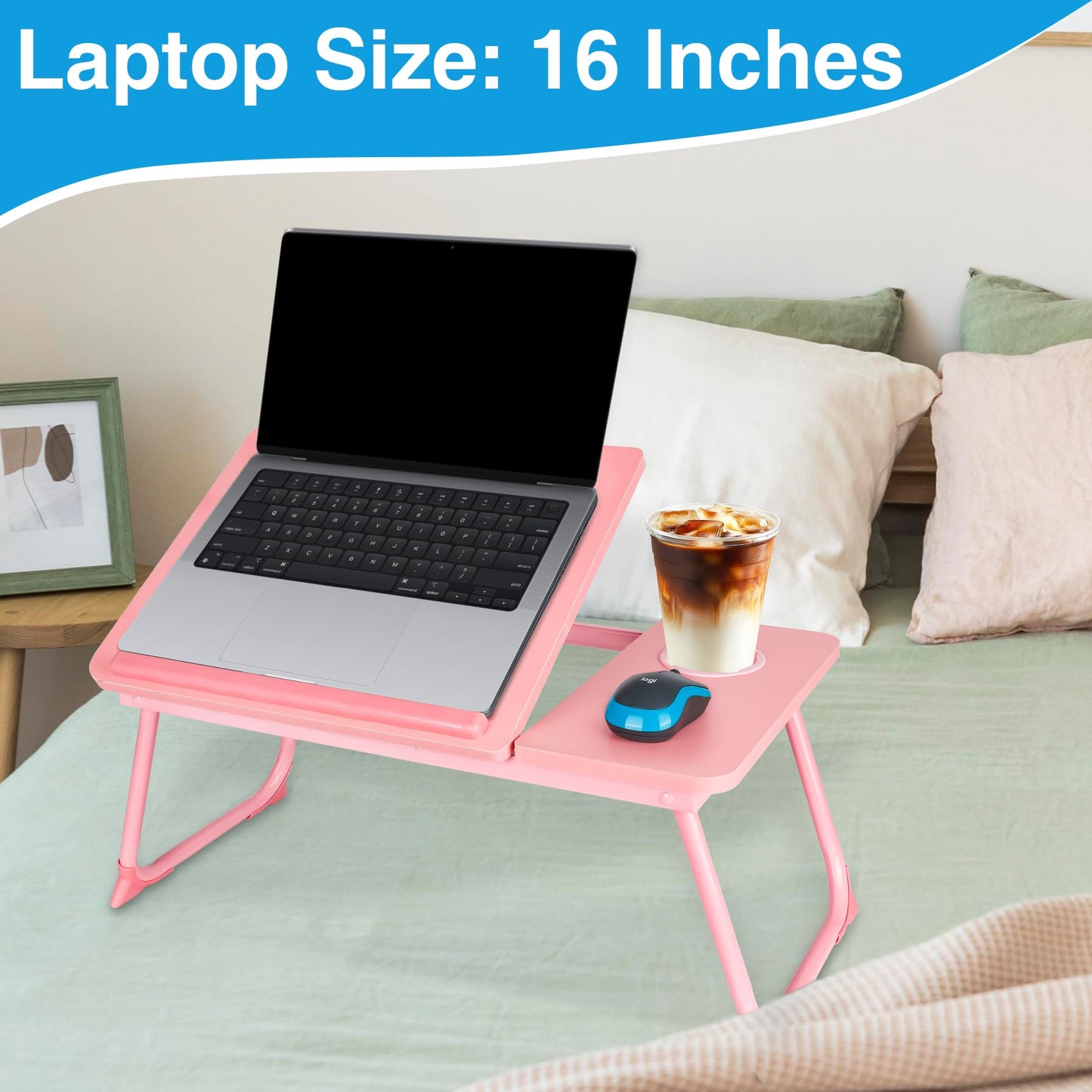 Laptop Bed Desk, Adjustable Lap Desk, Small Laptop Table with USB Charge Port, Desktop Card &Pen Slot, Cup Holder, Foldable Bed Tray Table for Couch Sofa Chair Floor Eating Working