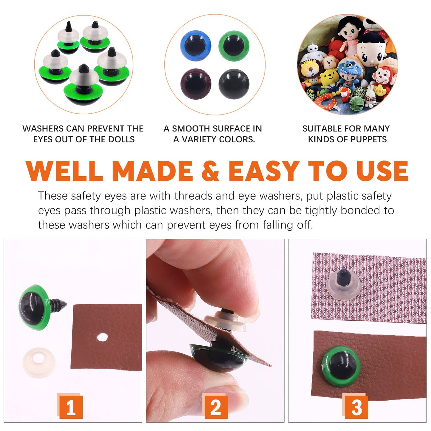 Rustark 224 Sets Plastic Safety Eyes Stuffed Crochet Eyes Craft Doll Eyes Kit with Washers for DIY Crafts Projects 10 12 14 16 18mm Green Blue Black Bronze