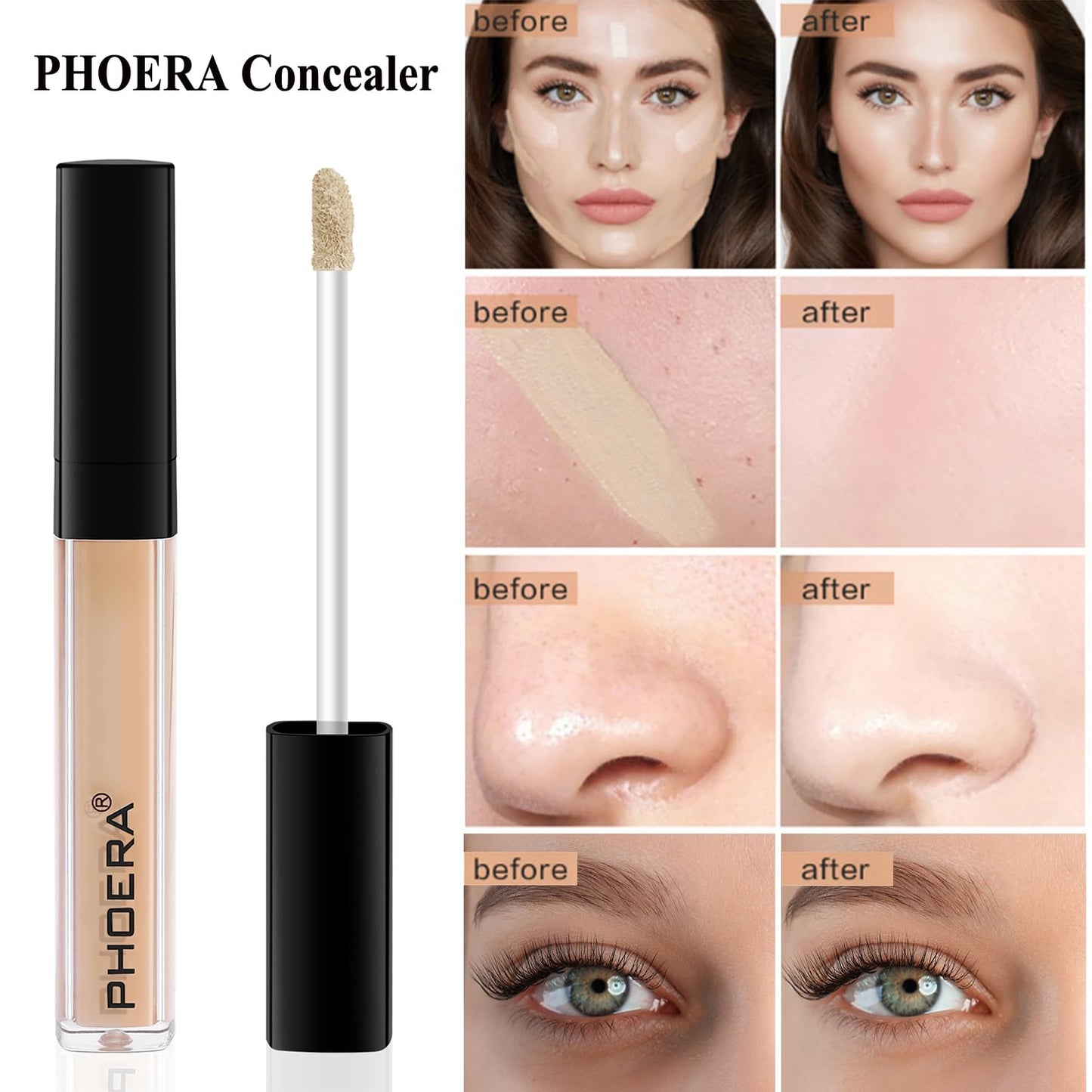 PHOERA Foundation,3 PCS Contour Stick Makeup Kit, Shades with Highlighter Stick, Blush Stick and Bronzer Contour Stick for Sculpt the Cheeks (104+105+Light-Medium Contour/Buff Beige+Sand+#02,#10,#12)
