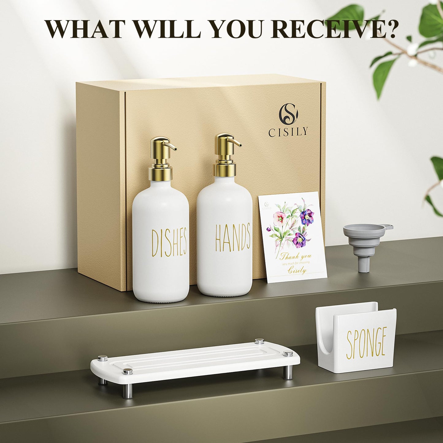 Cisily Kitchen Soap Dispenser Set Comes with Ceramics Sponge Holder, Gold Pumps, and Instant Dry Tray, Hand and Dish Soap Dispenser Set (4, Gold + White + Sponge Holder)