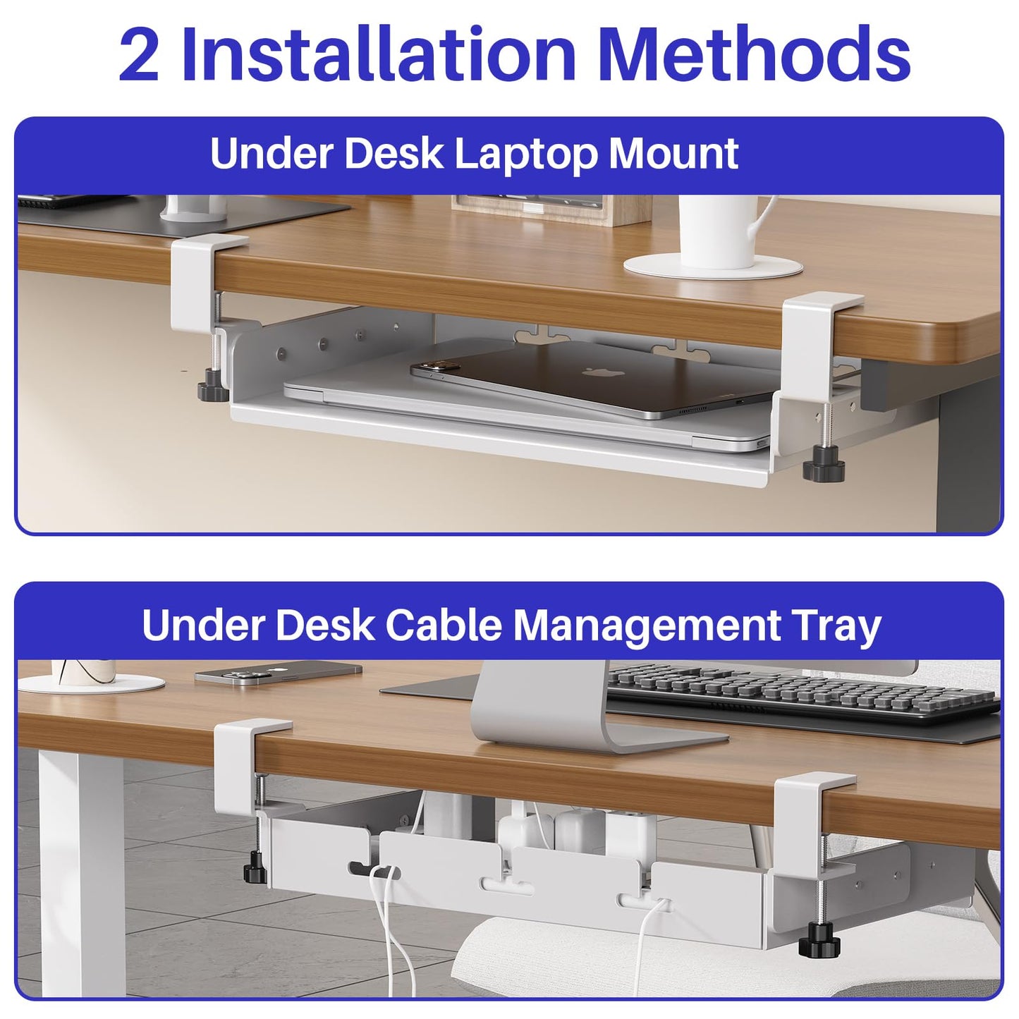 BYMECOST No Drill Under Desk Storage Shelf, Metal Under Desk Drawer Organizer with Clamp, Mount Under Desk Shelf Adds Tray, Desk Drawer for Office Desks, Table, Gaming Desk, Workstations (White)