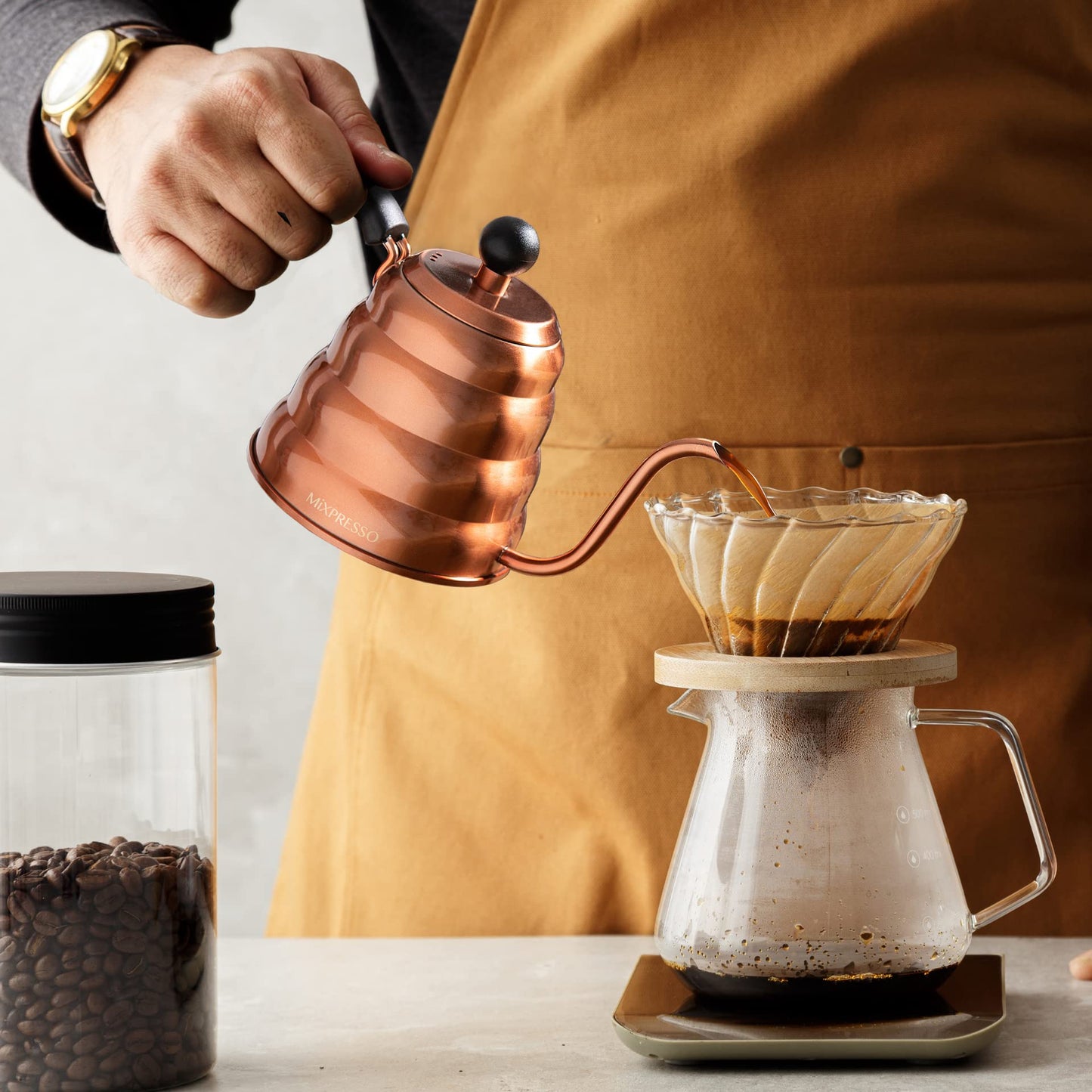 Mixpresso Gooseneck Pour Over Coffee Kettle, Barista Pour Control Design For Coffee & Tea High-Grade Stainless Steel 1.2 Liter (40 Oz) Drip Coffee Induction Cooker, Copper Stovetop Kettle