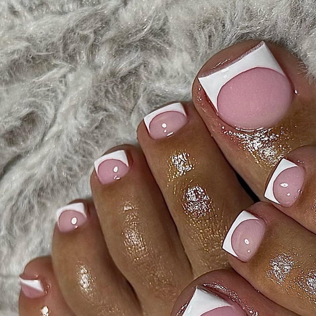 KQueenest White French Tip Press on Nails Almond & Press on Toes Short Square For Summer Beach Party Daily Decoration in 60 Pcs