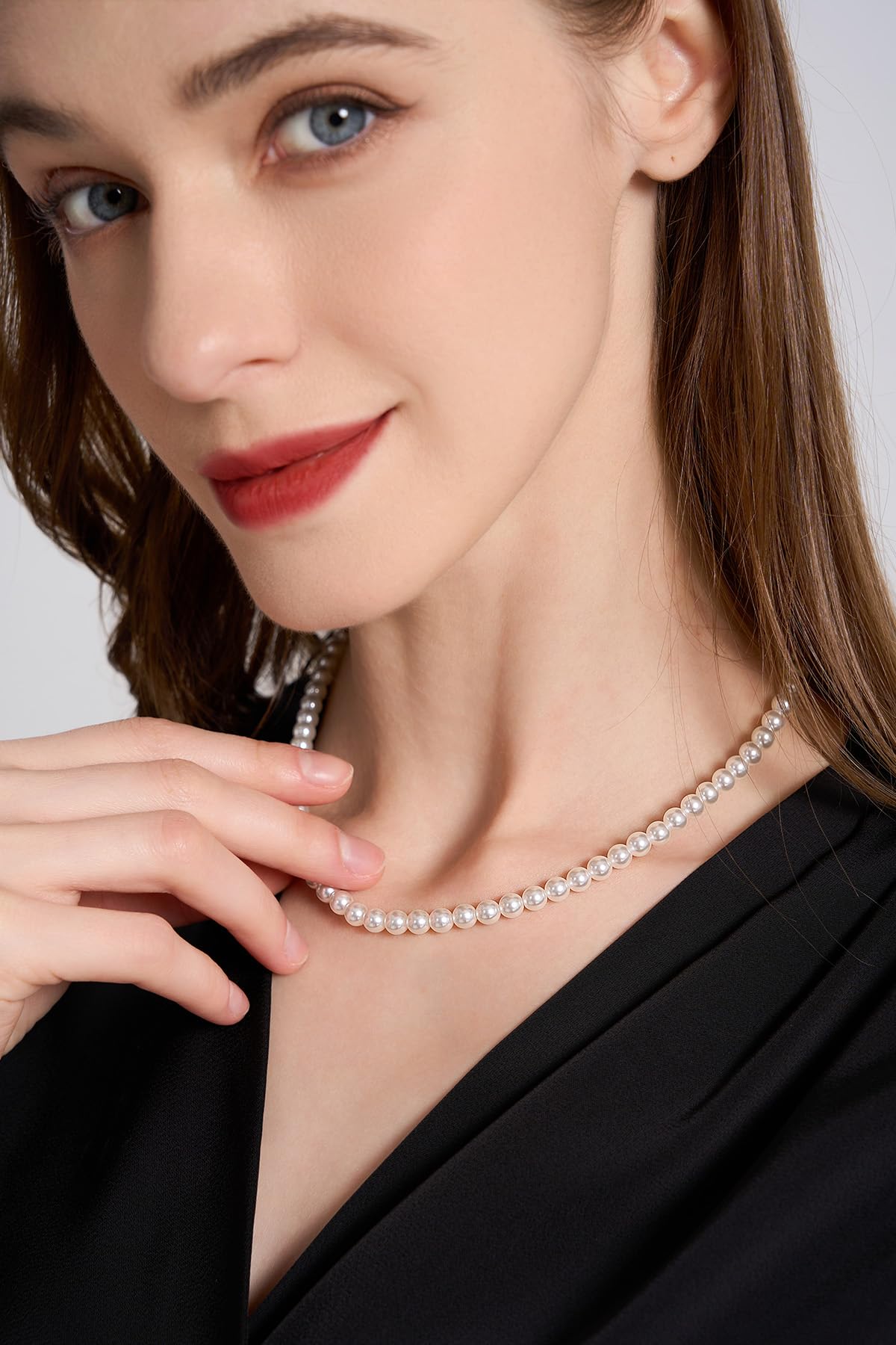 Aleasha 6mm Single Strand White Pearl Necklaces for women White Small Pearl Necklace Wedding Jewelry