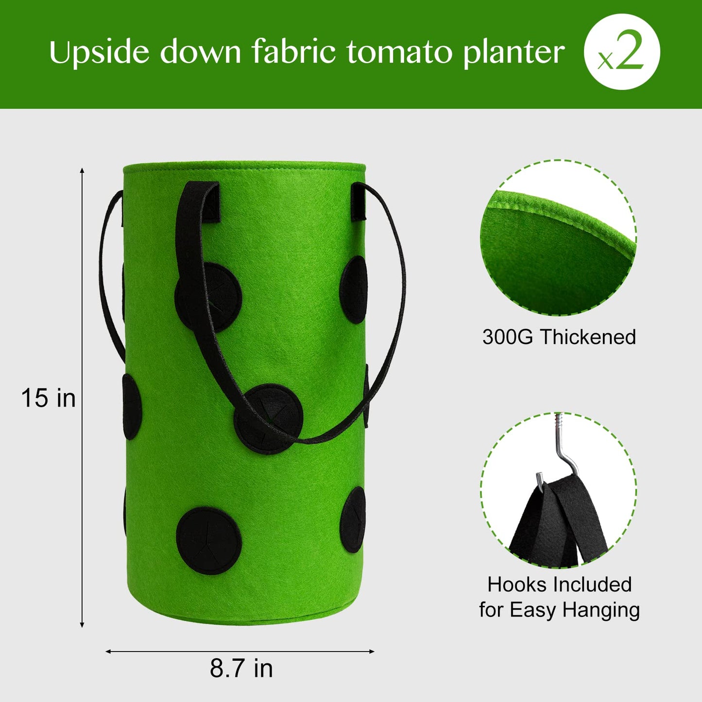 Homyhoo 2 Pack Green Upside Down Tomato & Herb Planter, Outdoor Hanging Durable Aeration Fabric Strawberry Planter Bags
