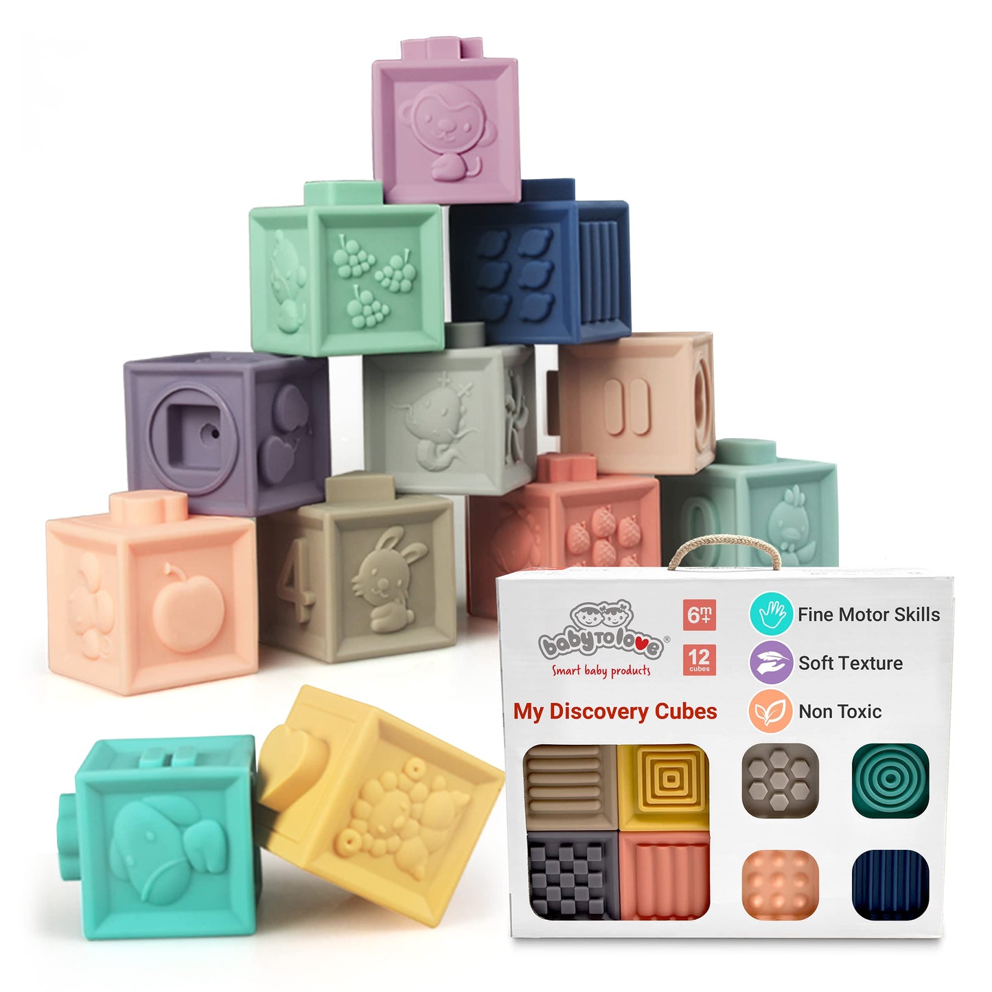 BabyToLove Discovery Cubes | Montessori Baby Blocks for Sensory & Motor Skill Development | Soft Stacking Blocks for Babies & Toddlers | Learning Toy | 12 Fun Shapes