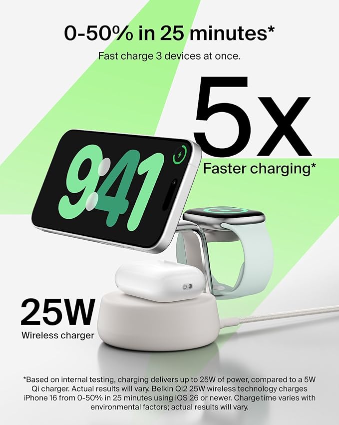 Belkin MagSafe Charger Compatible, 3-in-1 Charging Station, Qi2.2 25W w/Cooling Fan (On/Off Control) Magnetic Wireless Charger for iPhone 17, Apple Watch, AirPods, Pixel 10 (45W Adapter Included)