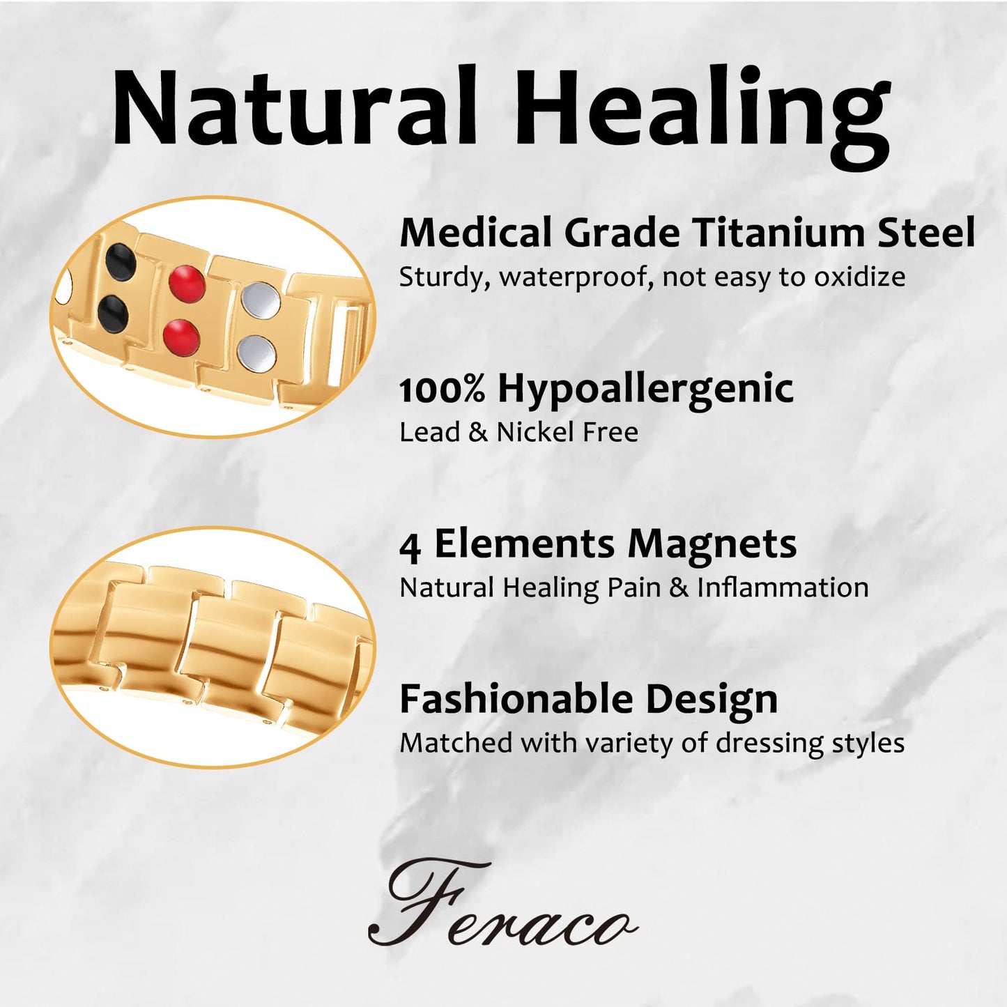 Feraco Mens Magnetic Therapy Bracelets Titanium Steel Bracelet with Double Row 4 Elements Magnets (Gold)