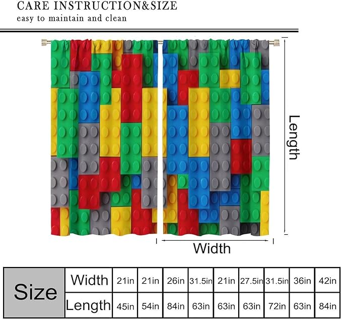 Kids Building Blocks Toy Curtains for Kids Room W42 x L45 Inch Rod Pocket Contour Plastic Colorful Toy Bricks Geometric Print Pattern Curtains for Boys Girls Bedroom 2 Panels