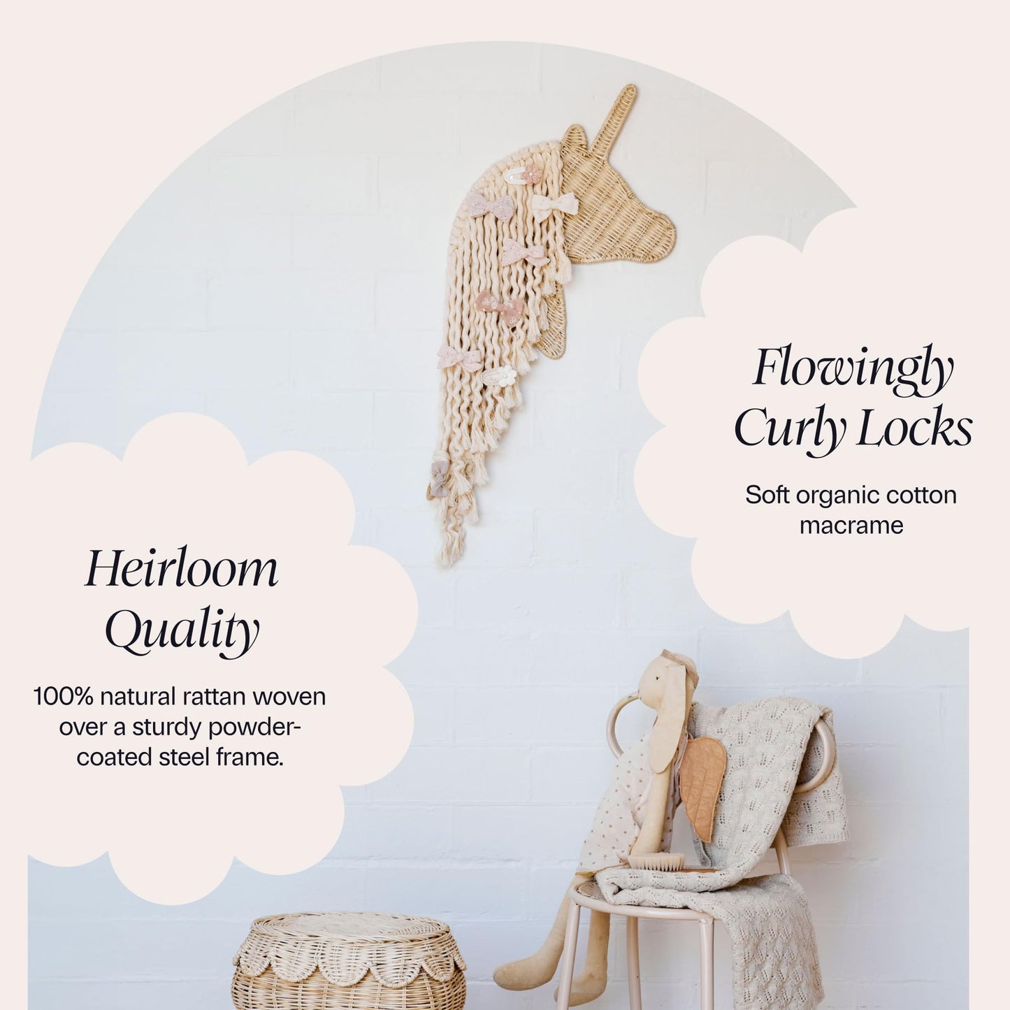 BEBE BASK Unicorn Boho Handmade Rattan Macrame Hair Bow Holder and Organizer for Girls