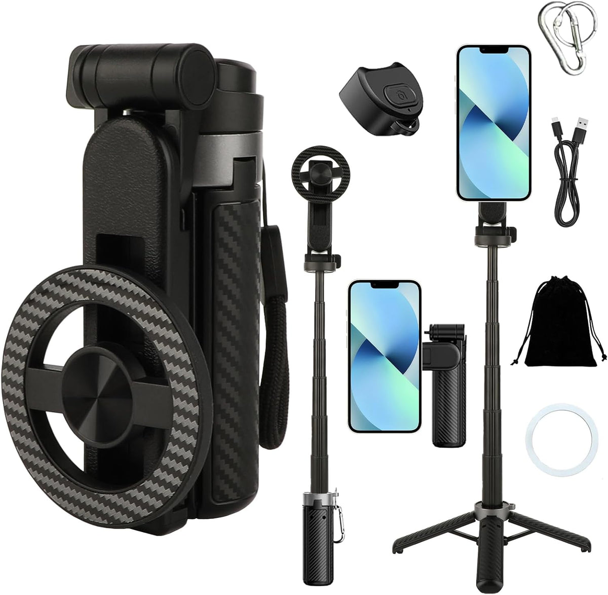 Magnetic Selfie Stick with Remote, 360° Rotation Phone Tripod, 4-in-1 Multifunctional Magnetic Phone Selfie Stick, Mini Portable Extendable Mag Tripod for Cell Phone Video Recording Trave