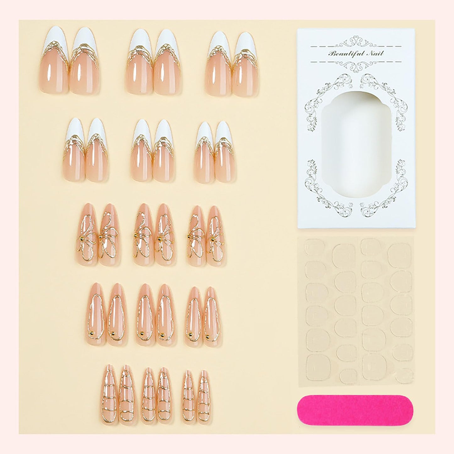 RUOKEXIN Long Stiletto Press on Nails French Tip Fake Nails Nude False Nails with Gold Flower Designs Almond Nail Press ons Sparkly Artificial Nails for Women 30Pcs