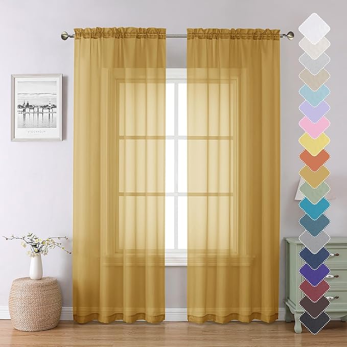 Lecloud Gold Sheer Curtains 84 Inches Long 2 Panels, Light Filtering Airy Voile Window Curtains for Bedroom Living Room, Dual Rod Pocket Elegant Sheer Window Treatments, 40" W x 84" L