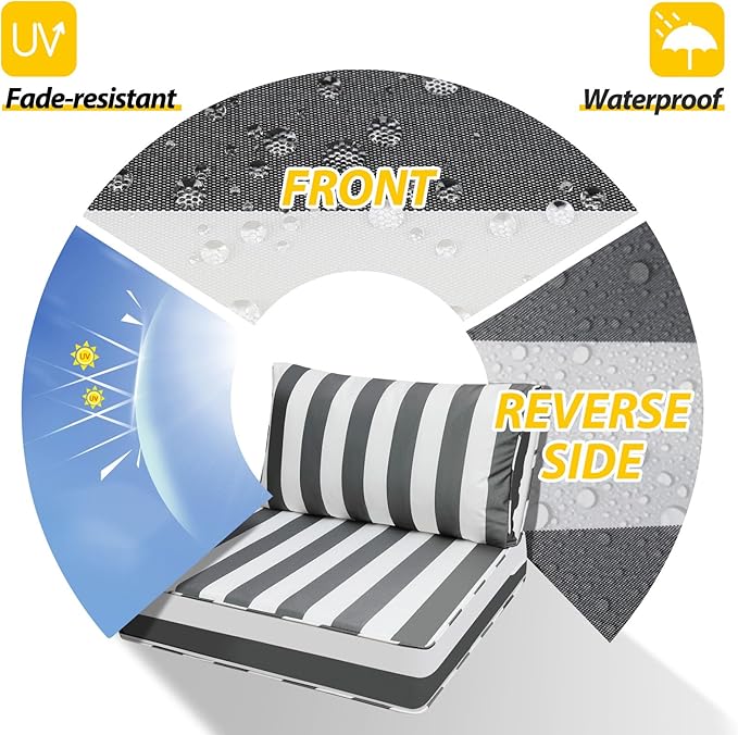 AAAAAcessories Outdoor Deep Seat Cushions, Waterproof, Fade-Resistant Patio Furniture Replacement Cushions, 25.5" x 25.5" x 5" + 25.5" x 13.5", Set of 2, Gray Cabana Stripe