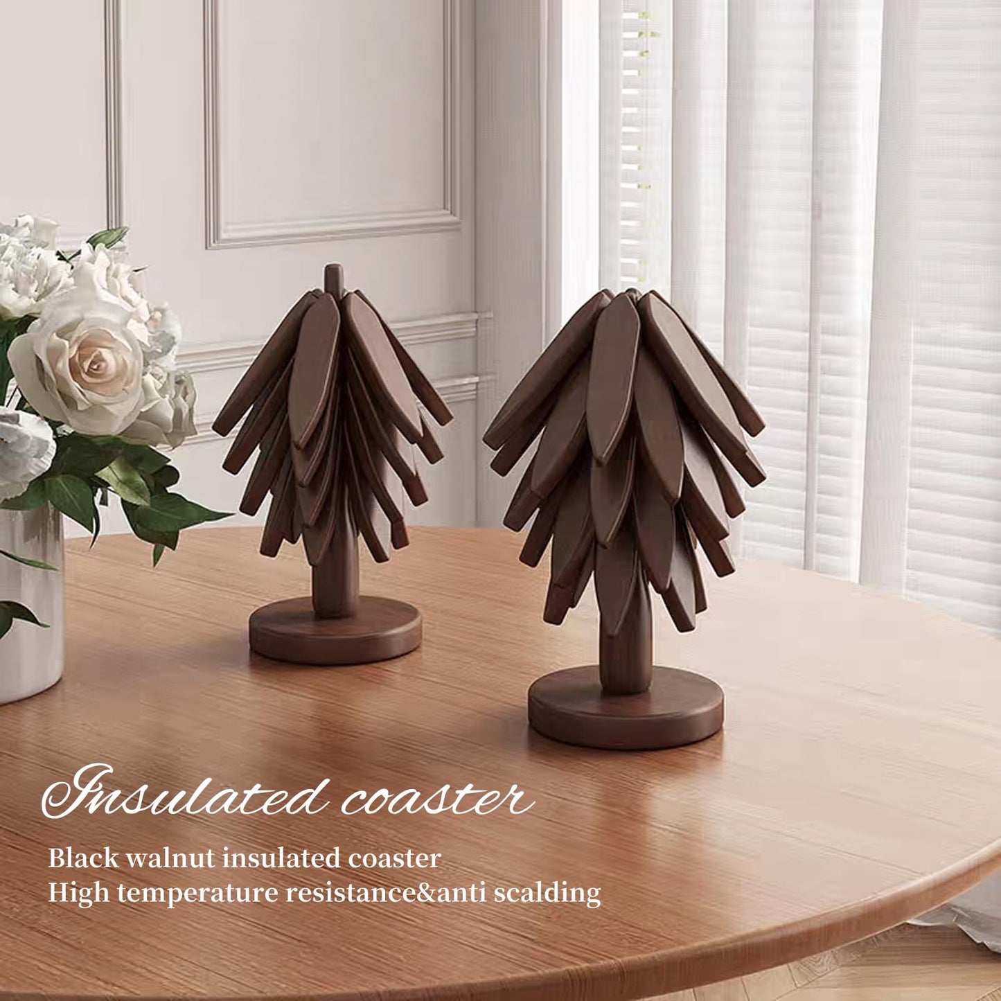 Wooden Placemats - Tree Washer Set, Wooden Pinwheel Coaster Set with Stand for Easy Storage - for Fondue pots, Pans, Bowls, teapots, Warming Trays - Versatile Decorations (B Walnut 4 pcs)