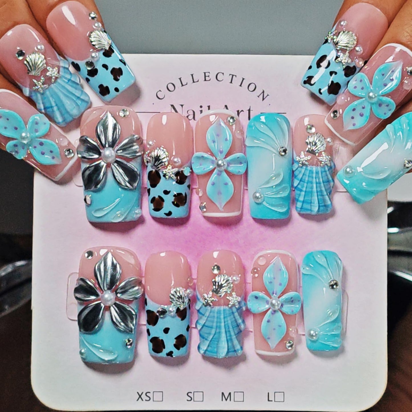 Handmade Press On Nails Square, Blue Press On Nails Medium, 3D Acrylic Nails French Tip Silver Flower Shell Leopard For Women Gift, Reusable Stick On Fake Nails Kit With Nail Glue(Tidal Blossom-S)