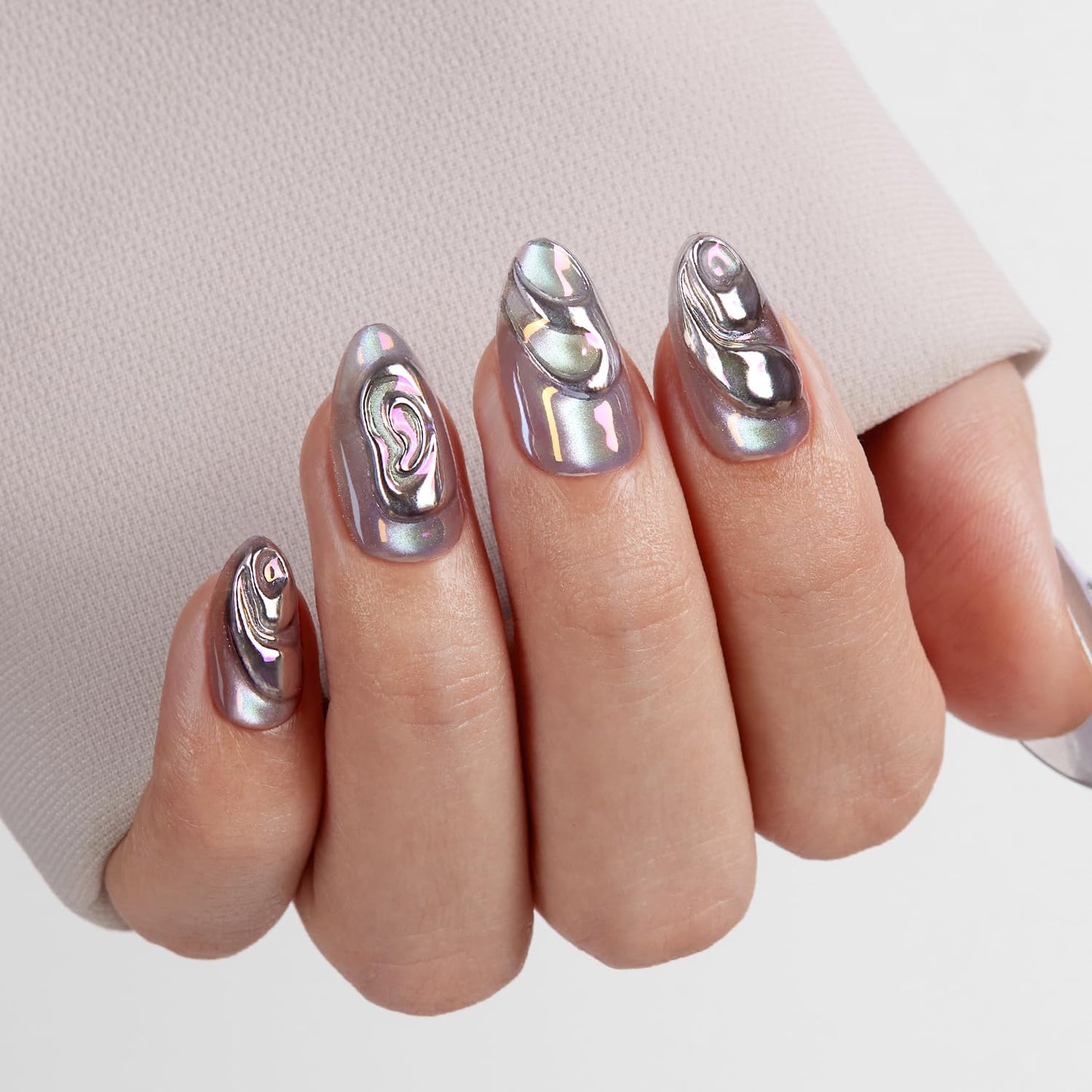 VSALON Press on Nails Short Almond - Chrome Silver Cat Eye 3D Swirl Design Fake Nails Kit for Women, Reusable Salon Quality Spring Summer Glue on Nails - 32 PCS Stick on Nails in 16 Sizes with Glue