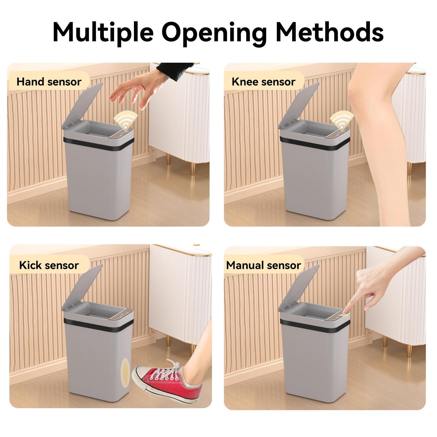 FRESHLIX 3 Pack Bathroom Trash Can 2.6 Gallon Small Touchless Automatic Motion Sensor Trash Cans Slim Waterproof Garbage Bin with Lid for Kitchen, Office, Bedroom Black White Grey