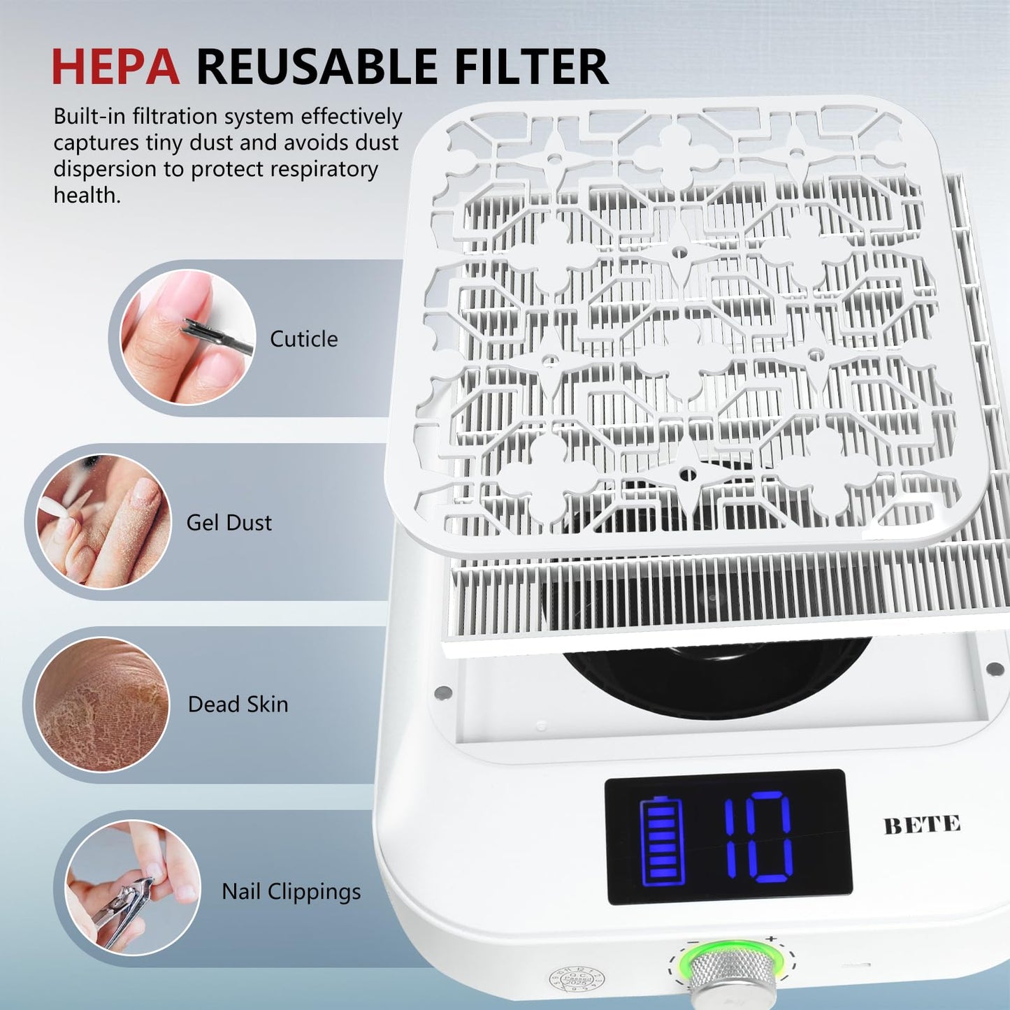 BETE Cordless Nail Dust Collector, 1800PA Powerful & Quiet Suction for Acrylic Nails Polishing, Rechargeable 6600mAh Battery with LED Display & Adjustable Speed, Perfect for Salon and Home Use, White