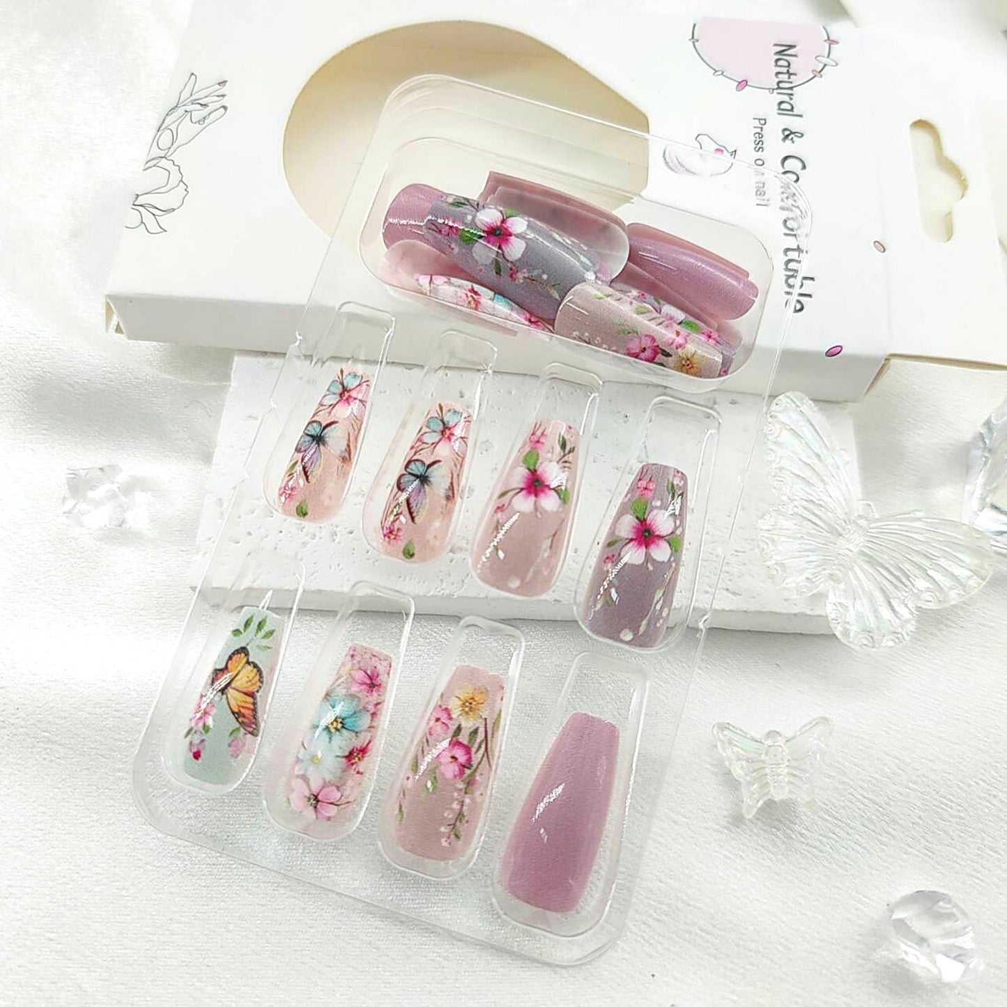 Spring Press on Nails Coffin Medium Fake Nails with Floral Butterfly Designs Pink Nails Press ons Glossy Glue on Nails Full Cover False Nails Cute Acrylic Nails Summer Stick on Nails for Women 24Pcs