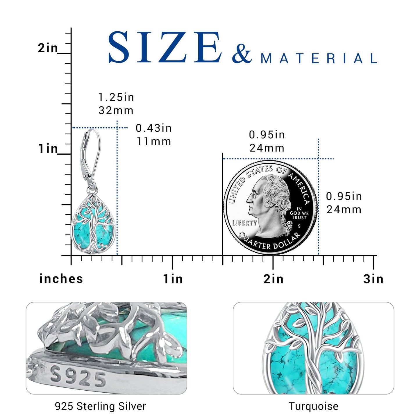 Eusense Tree of Life Earrings Sterling Silver Dangle Leverback Turquoise Earrings for Women Teardrop Drop Sterling Silver Tree of Life Jewelry Gift
