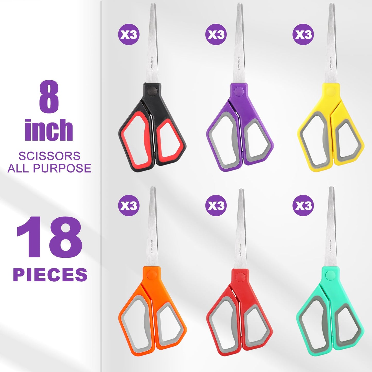 BURVAGY 18Pack 8" Scissors All Purpose, Heavy Duty Scissors with Ultra Sharp Blades Comfort Grip Handles - For Office Home School Sewing Fabric Crafts, High/Middle School Student Teacher Scissor