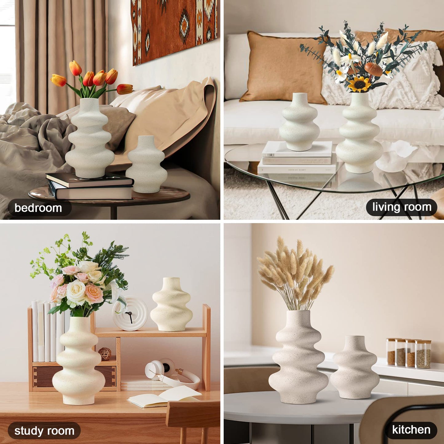 Ceramic Vases Set of 2-White Vase for Modern Home Decor, Flower Vases for Aesthetic Room Decor,Boho Decor Wedding Dinner Table Party Office Centerpiece Table Decorations (A White)
