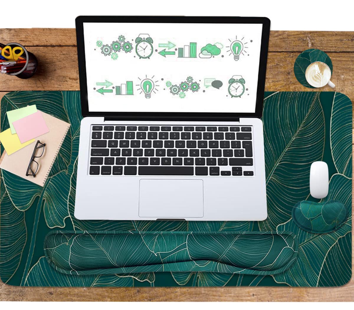 Ergonomic Large Mouse Pad and Keyboard Wrist Rest, Desk Pad for Keyboard and Mouse, 4-in-1 Large Gaming Mouse Pad with Wrist Support for Home Office Study Game-Green Leaves