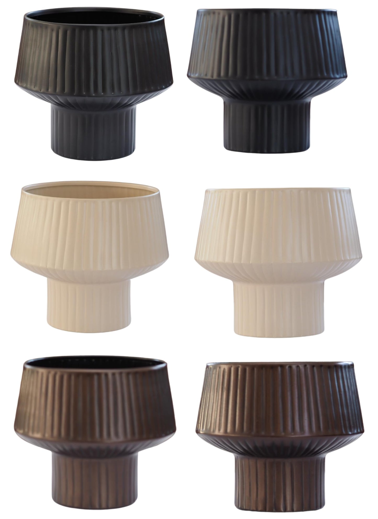 Wide Top Modern Handmade Metal Indoor Planter with Unique Shape, Vertical Grooved Design and Anti-Scratch Pads, Rust-Resistant Finish that is Sustainable Non-Plastic Pot Recyclable Metal Vase (White)