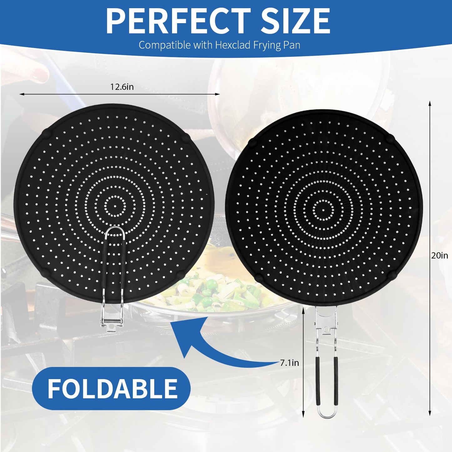 Splatter Screen Compatible with Hexclad,Heat Resistant Silicone with Folding Handle,Grease-Free Cooking,Dishwasher Safe,12.5 Inches,Black