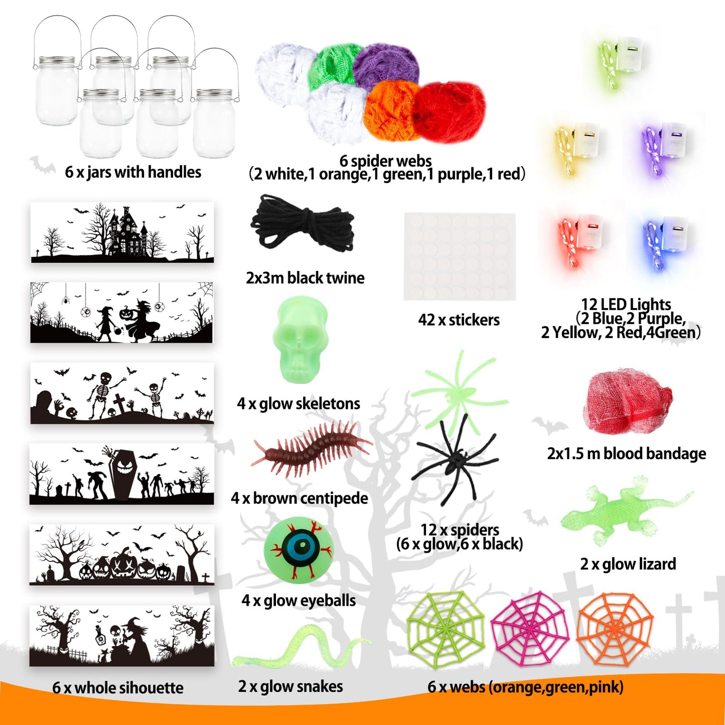 Shemira Halloween Craft Kit - 6pc Glass Mason Jar DIY Lantern Kit, Party Supplies for Kids