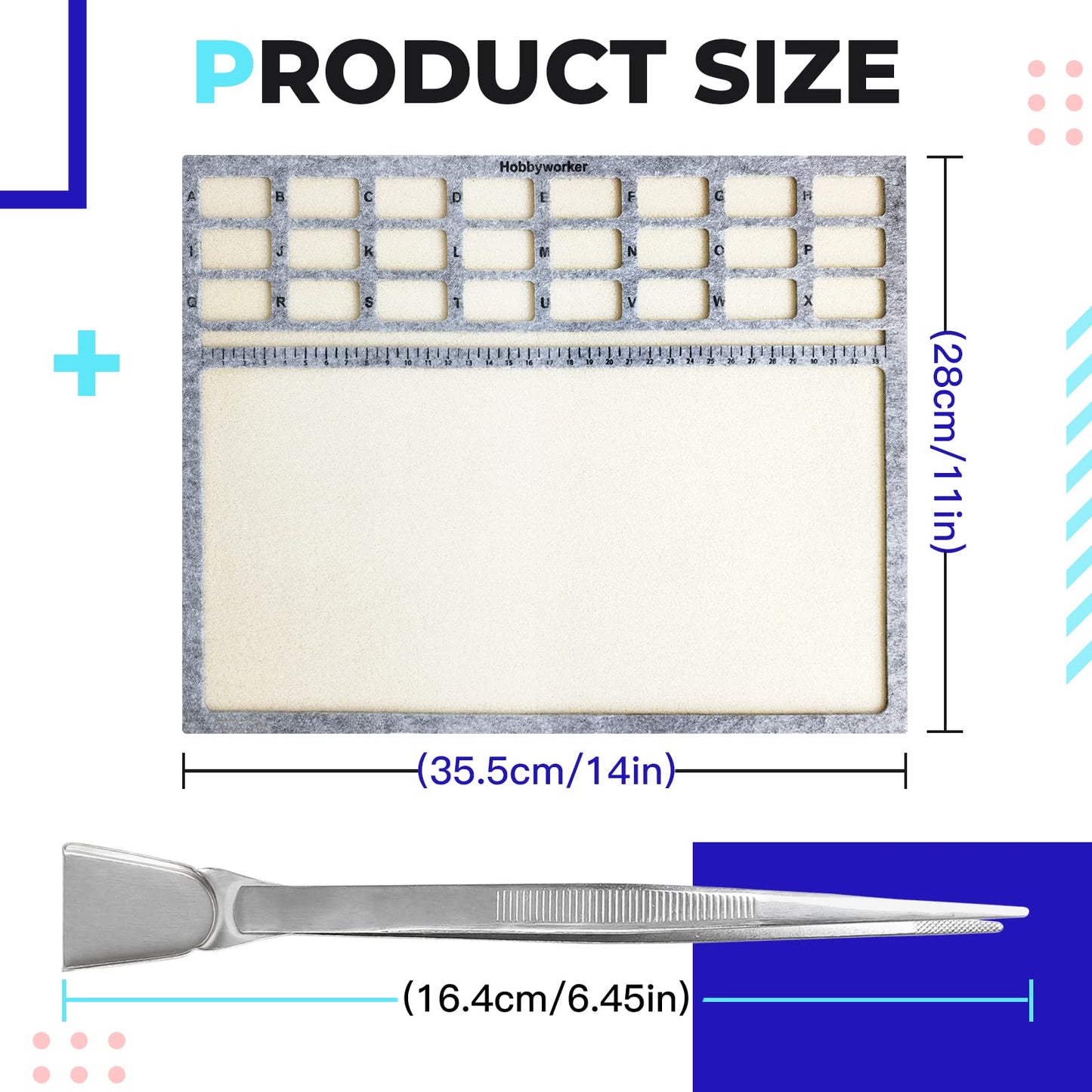 hobbyworker Bead Mat,Soft Perfect Stable,Surface Flocking with Centimeter Scale 3 Pcs Set(L) and Stainless Steel Handy Tweezers with Scoop for Jewelry Making Beading Supplies