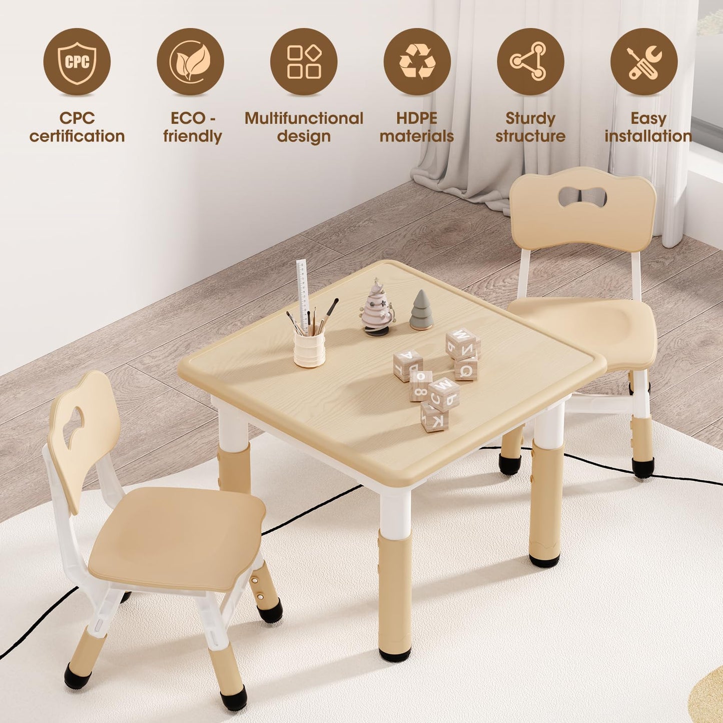 HLPB Kids Table and 2 Chairs Set, Adjustable Height, Graffiti Desktop, Non-Slip Legs, 23.6''L x 23.6''W Toddler Multi-Activity Table for Ages 2-8, Max 300lbs, for Daycare, Classroom, Home