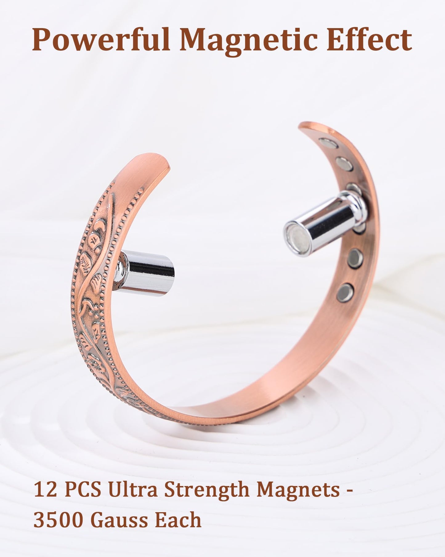 BioMag 2 Pcs Magnetic Copper Bracelet for Women Men, 99.99% Pure Copper Cuff Bangle with with 12 Pcs 3500 Gauss Magnets, Adjustable Size, Floral Vine Design