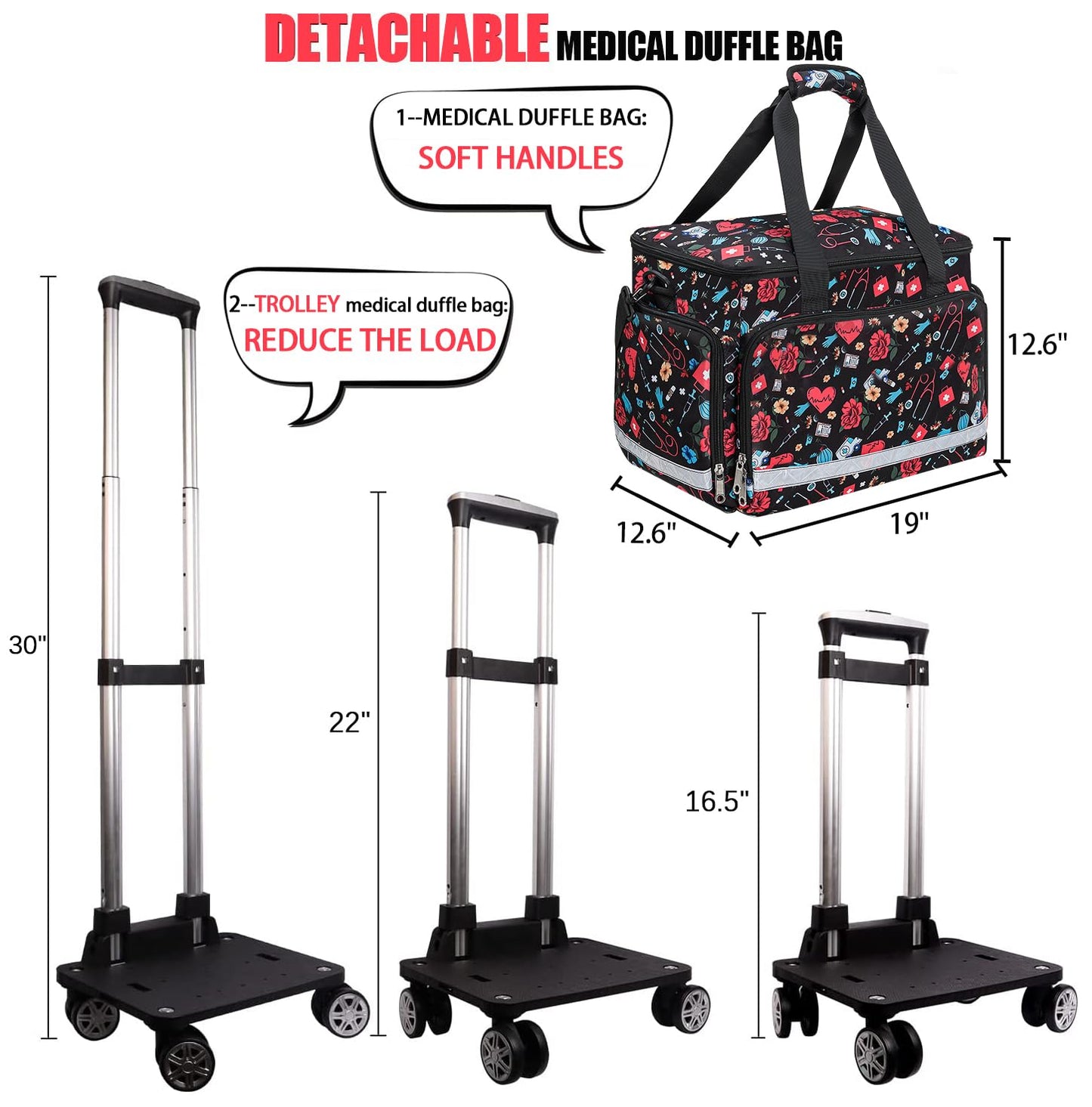 Medical Bag Rolling Roller Bag Trolley Duffel Nurses EMT CNA RN Empty for First Aid Responder Home Health Care Nursing Student Roll Duffle Bag Carry on Wheels Work Physicians Doctor