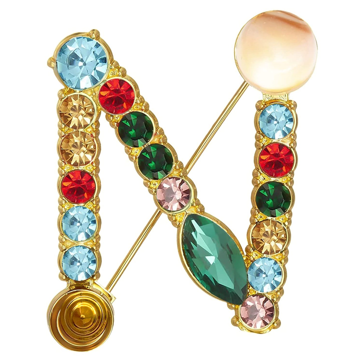 XGALBLA Letters N Plated Metal Stone Clear Colorful Crystal Lapel Pin Brooches Collar(Gold Tone)