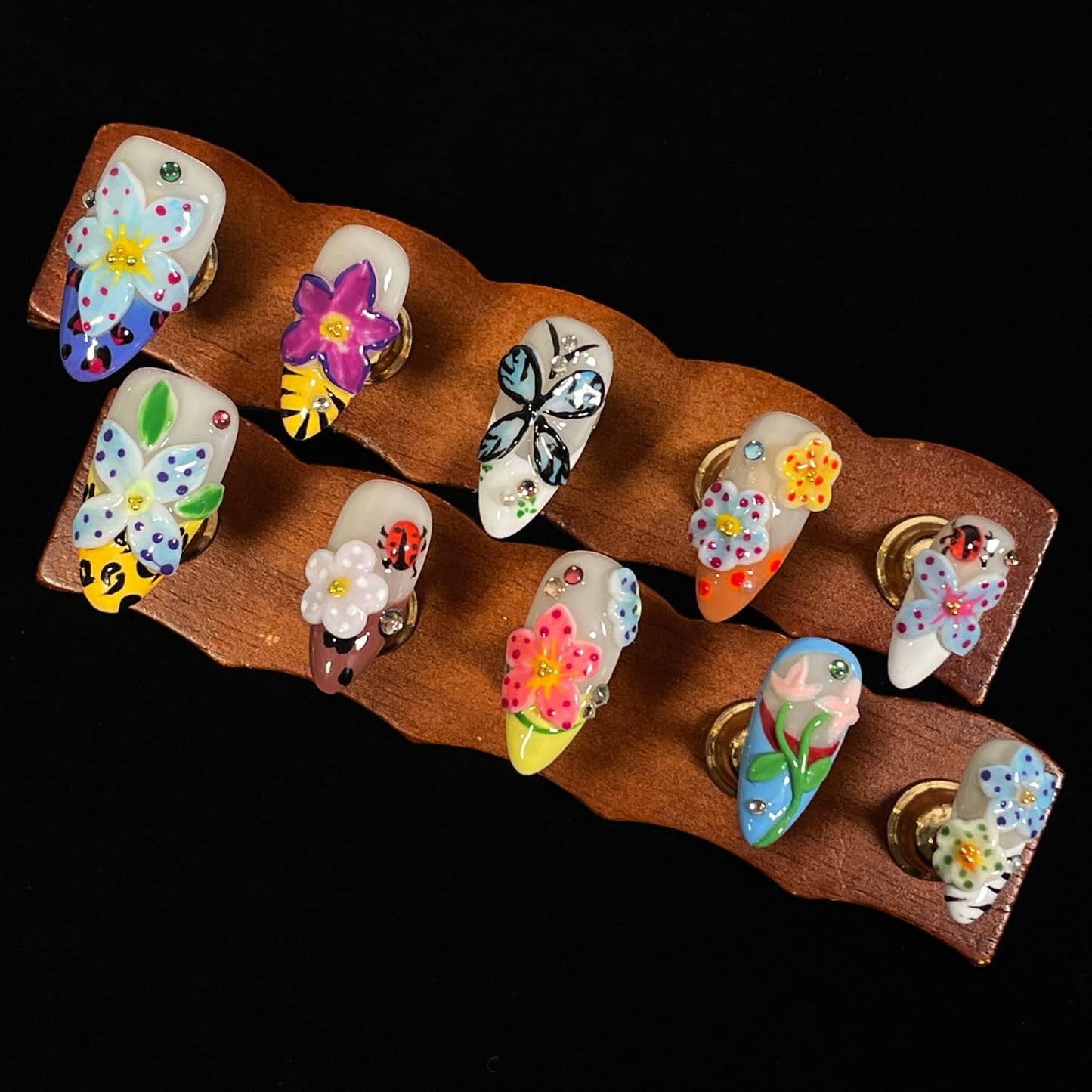 Handmade Press On Nails 3D Floral & Butterfly with Red Ladybug Fake Nails Medium Almond Acrylic Nail Tips Luxury Enchanted Garden Stick on False Nails Dreamy Nails (Garden, S)