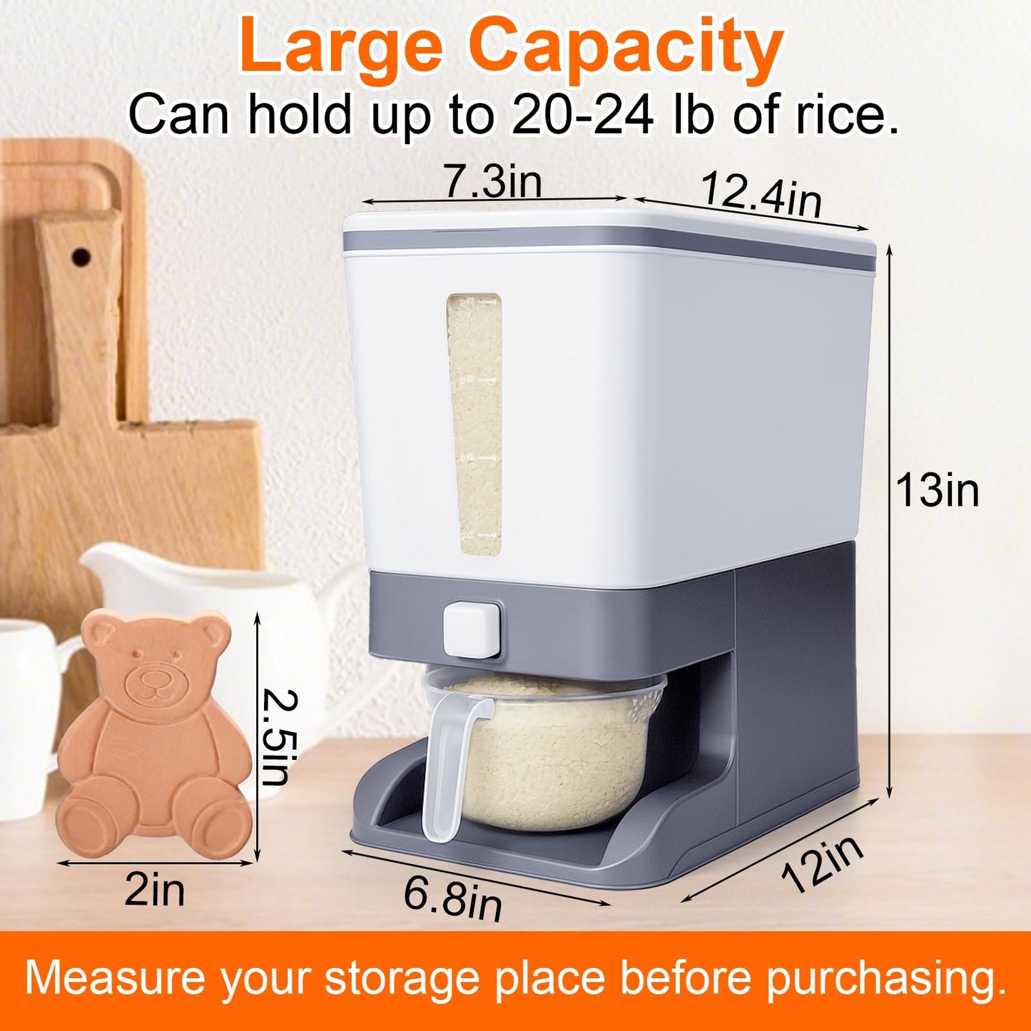 Mity rain Rice Dispenser 20 Lbs with Moisture Absorbing Clay, Rice Storage Container with Measuring Cup, 12 L Cereal Containers Storage Airtight for Kitchen Pantry Organization